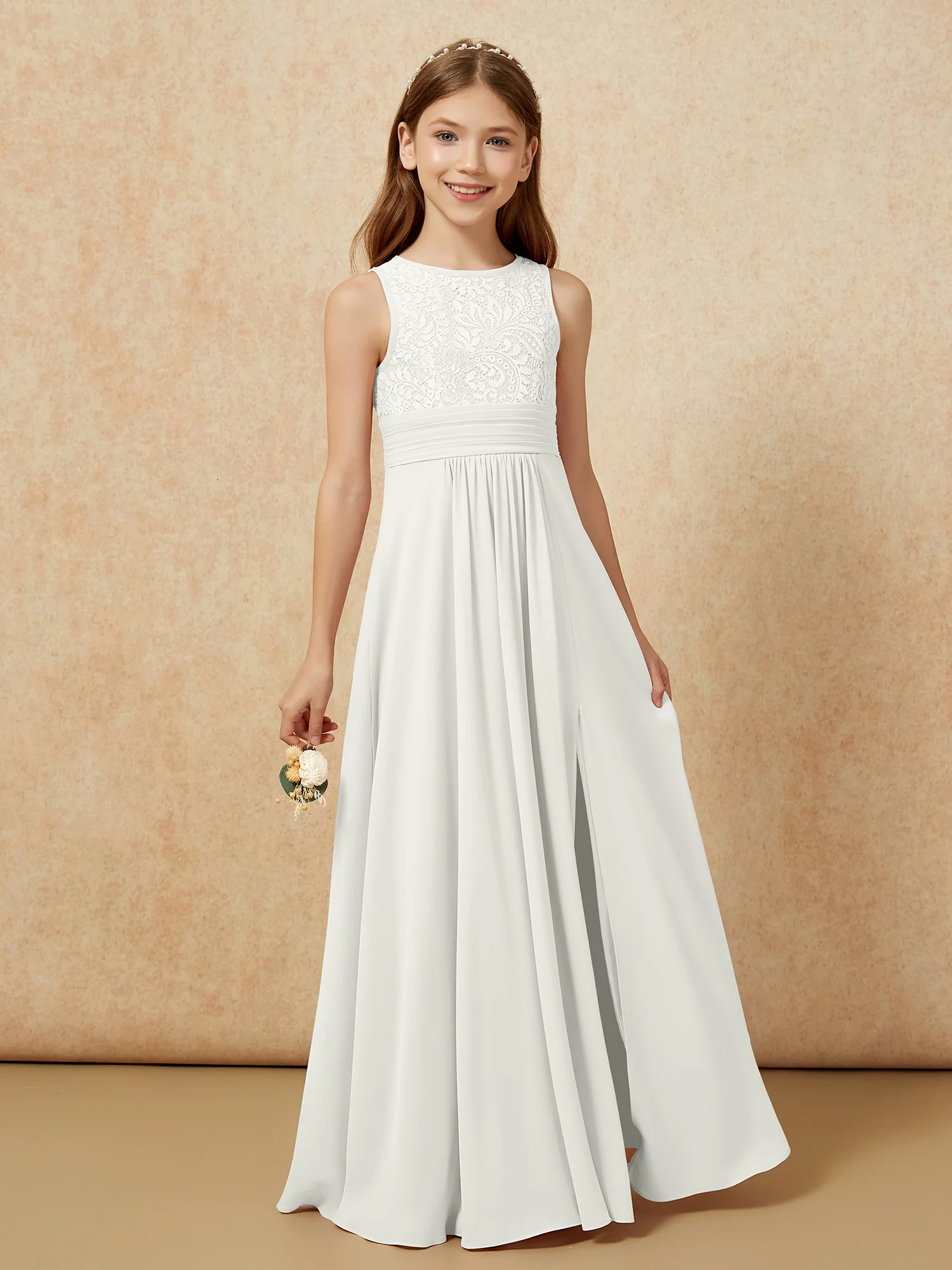 Lace Top A-line Long Junior Bridesmaid Dress Ivory - Image 5