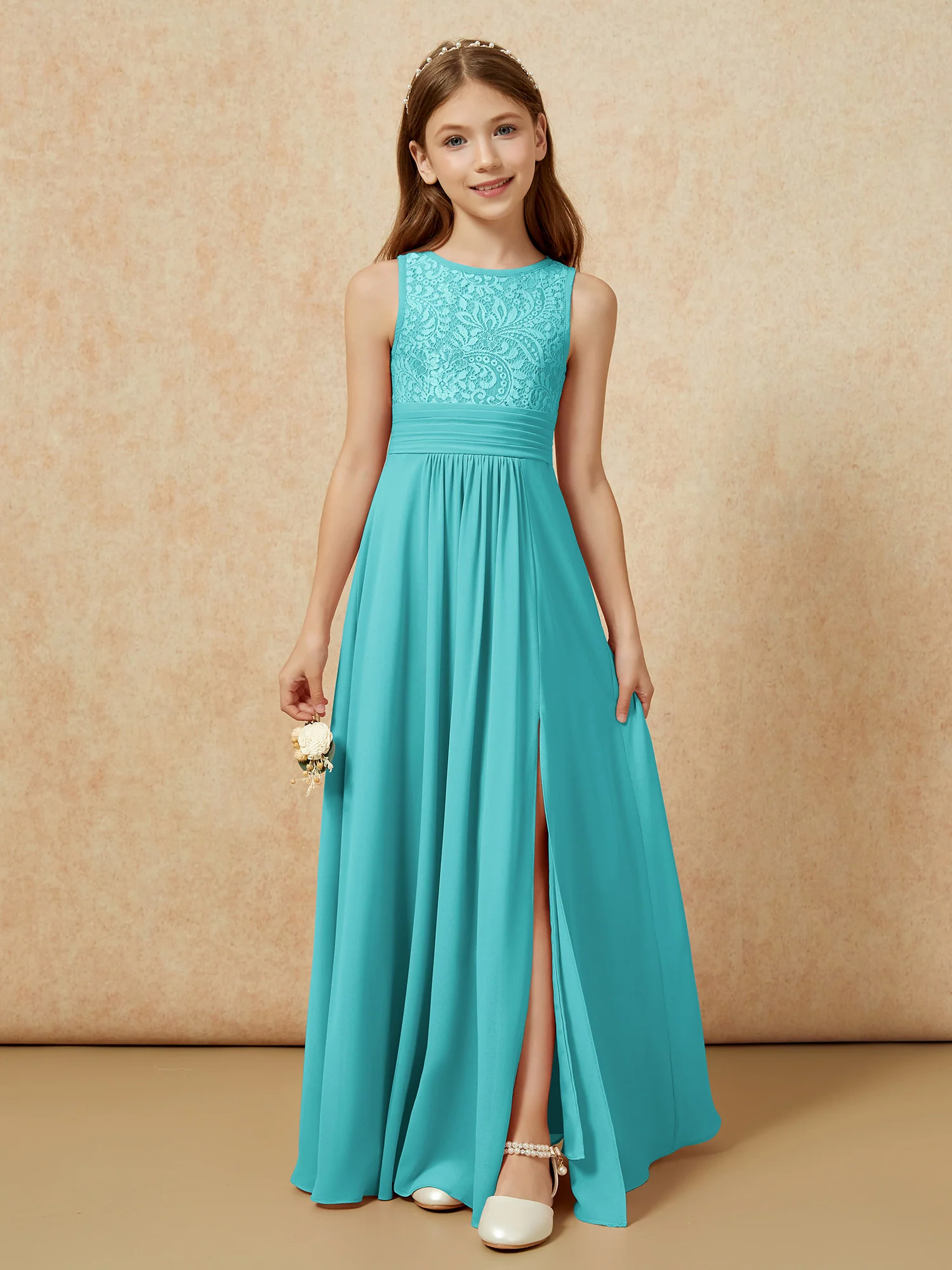 Lace Top A-line Long Junior Bridesmaid Dress Jade