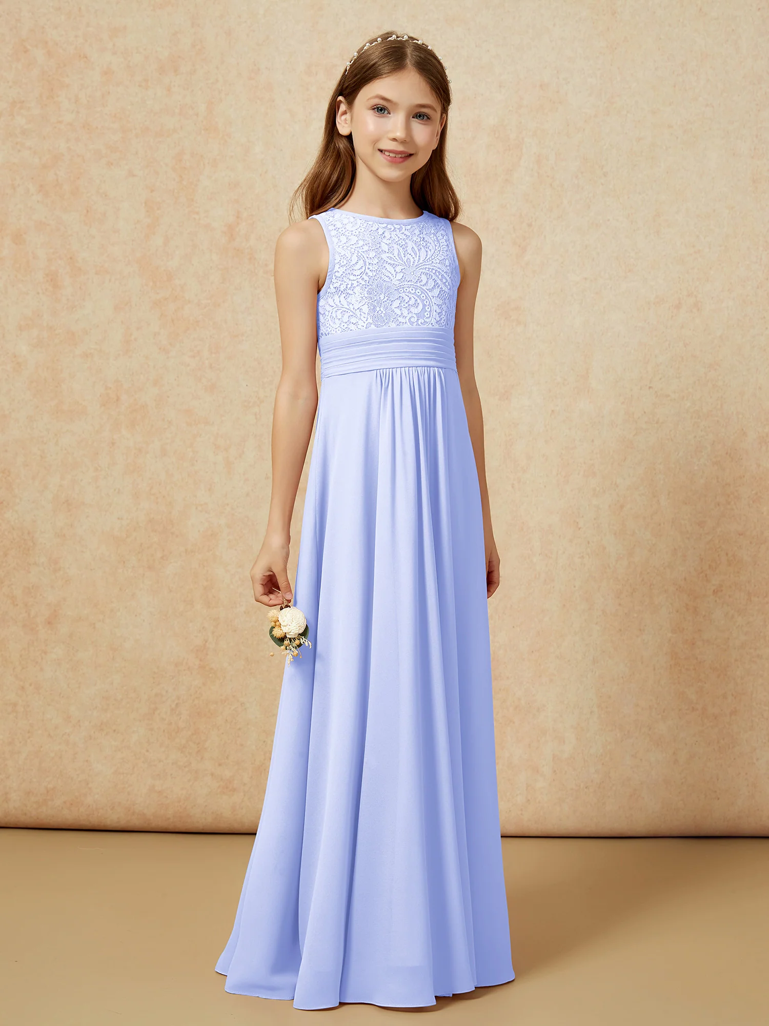 Lace Top A-line Long Junior Bridesmaid Dress Lavender - Image 3