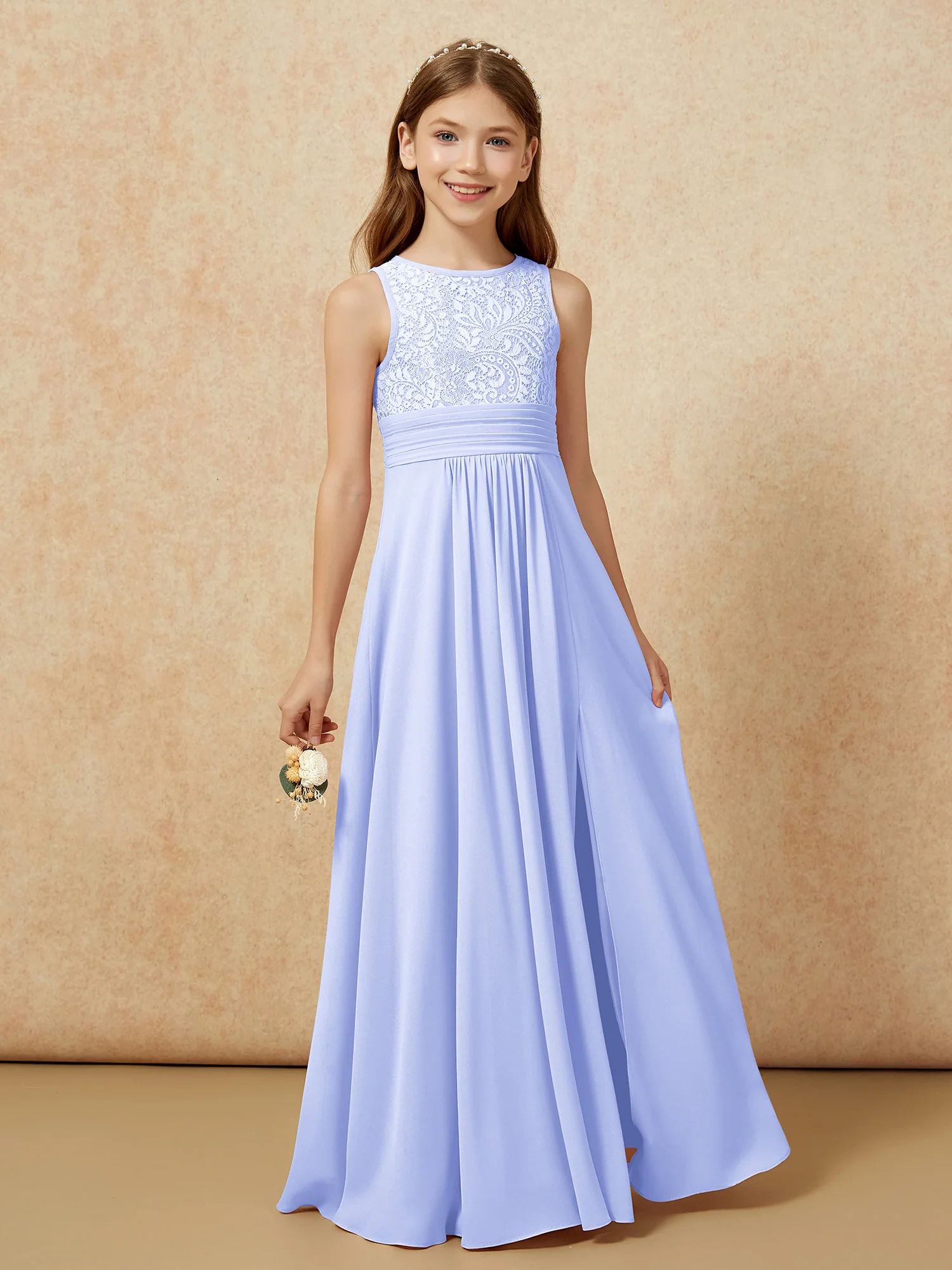 Lace Top A-line Long Junior Bridesmaid Dress Lavender - Image 5