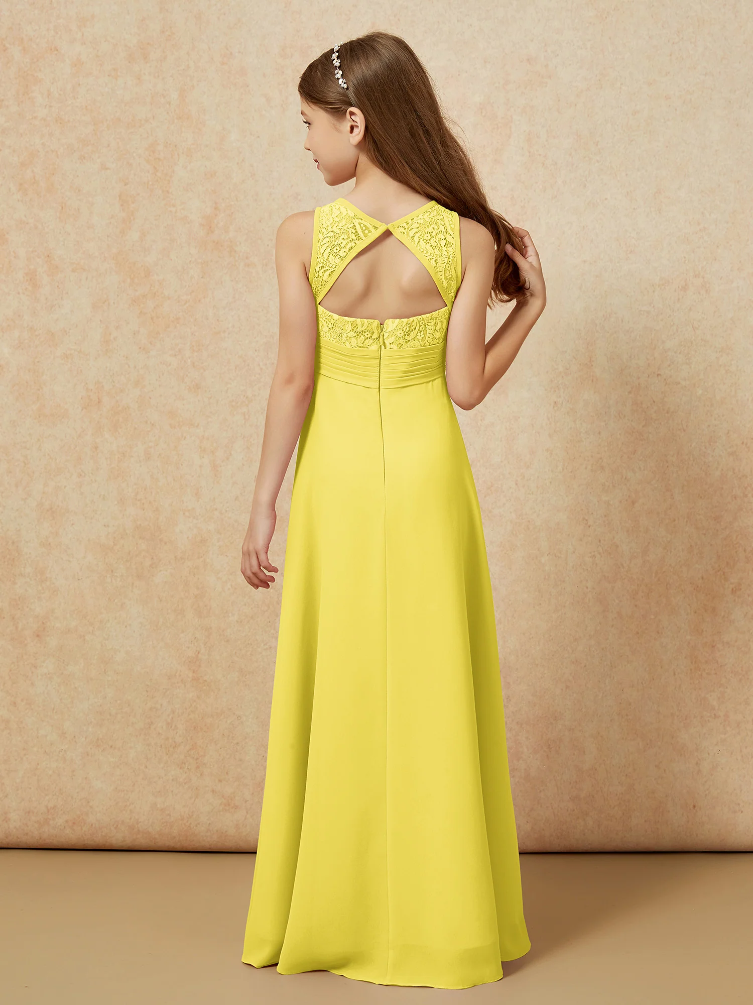 Lace Top A-line Long Junior Bridesmaid Dress Lemon - Image 2