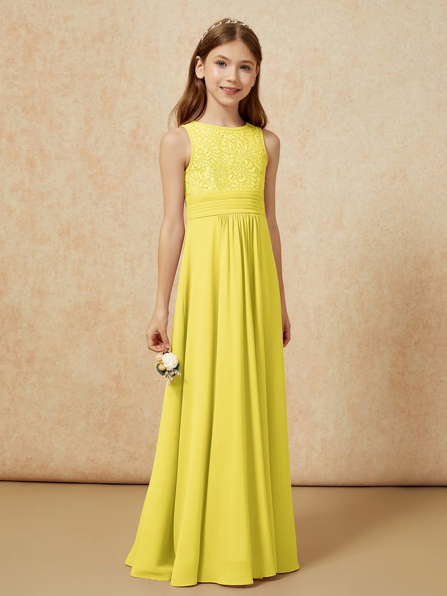 Lace Top A-line Long Junior Bridesmaid Dress Lemon - Image 3