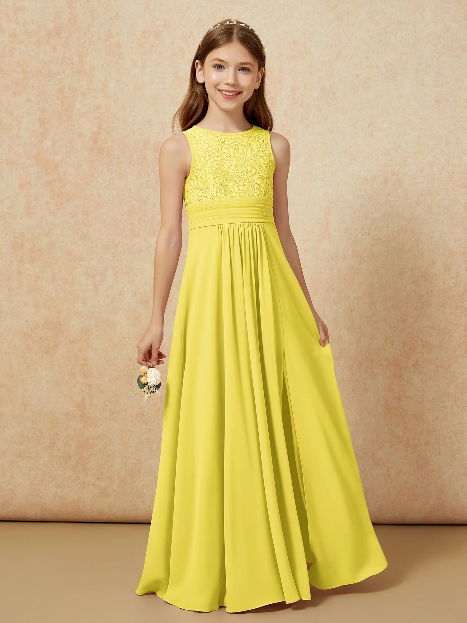 Lace Top A-line Long Junior Bridesmaid Dress Lemon - Image 5
