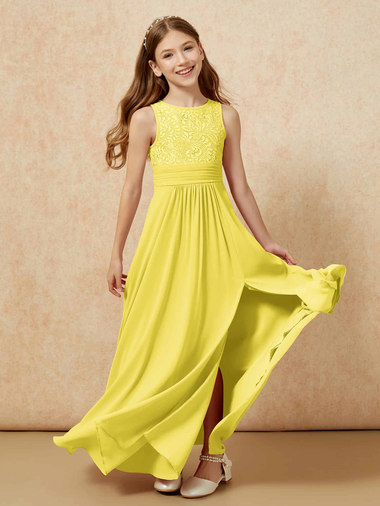 Lace Top A-line Long Junior Bridesmaid Dress Lemon - Image 6
