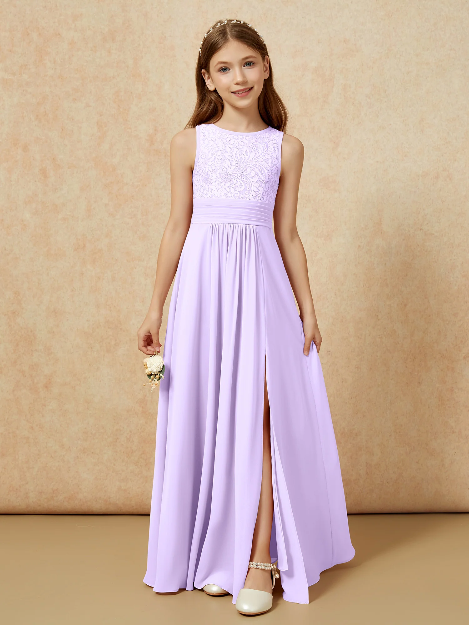 Lace Top A-line Long Junior Bridesmaid Dress Lilac
