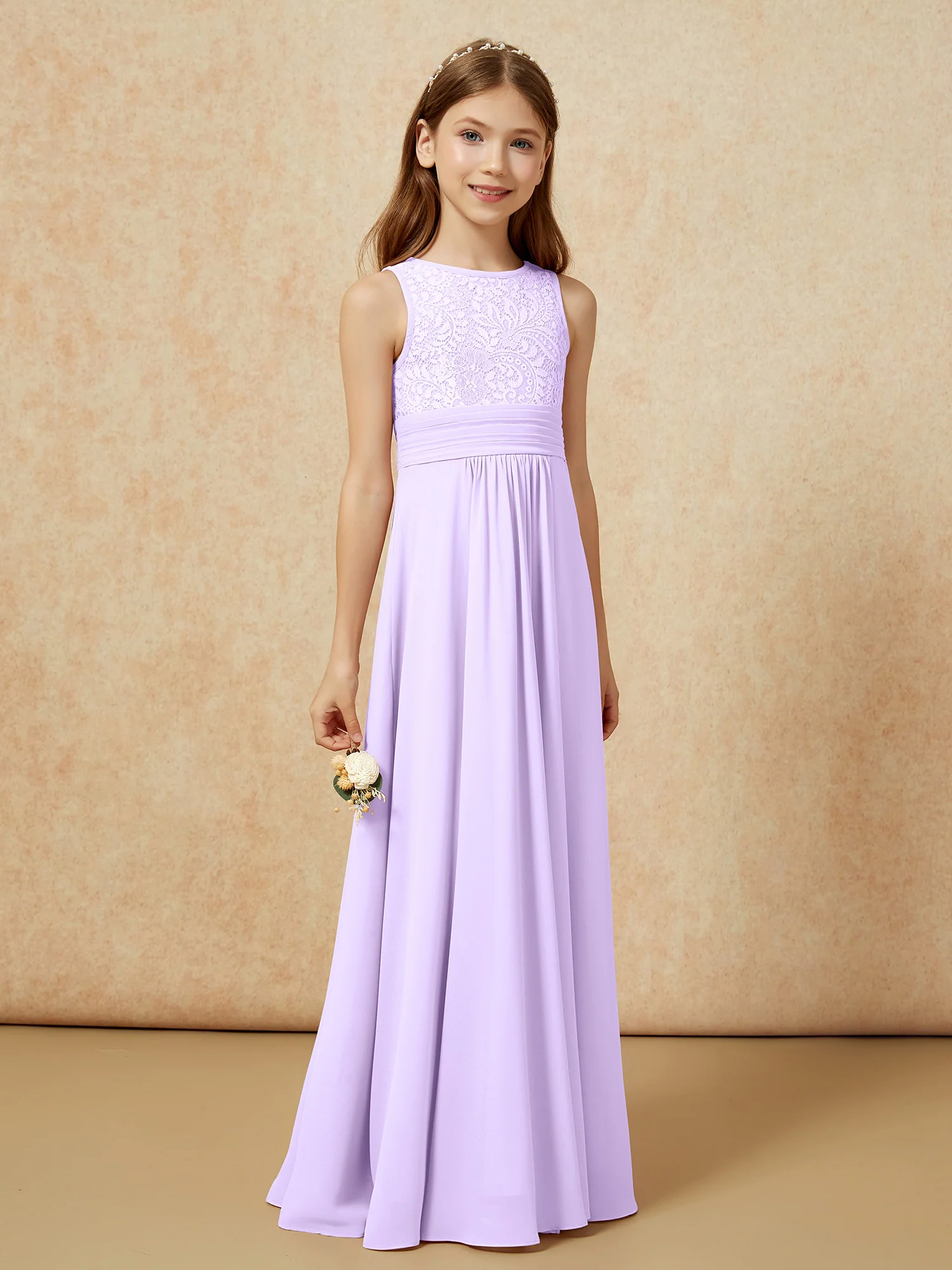 Lace Top A-line Long Junior Bridesmaid Dress Lilac - Image 3
