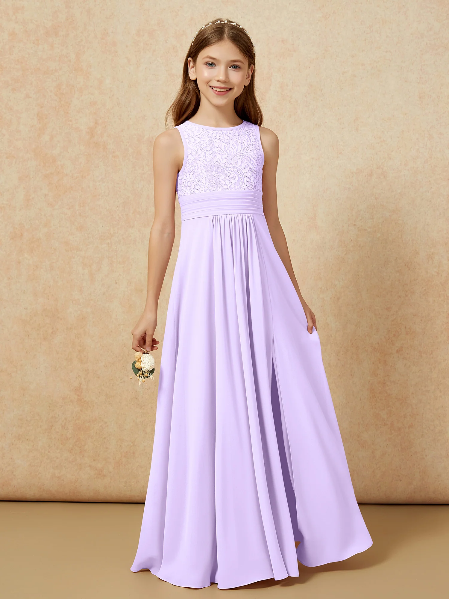 Lace Top A-line Long Junior Bridesmaid Dress Lilac - Image 5