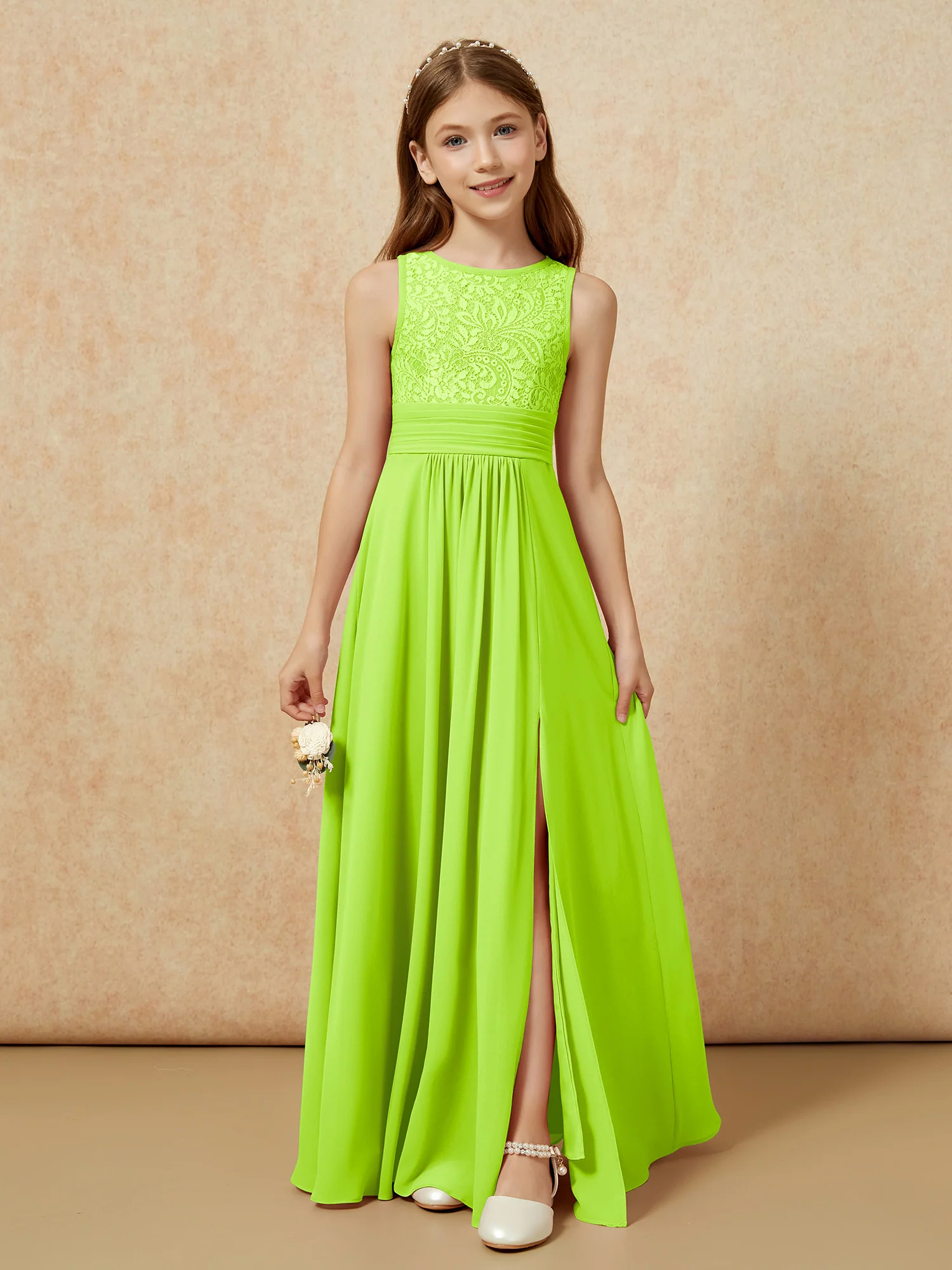 Lace Top A-line Long Junior Bridesmaid Dress Lime Green