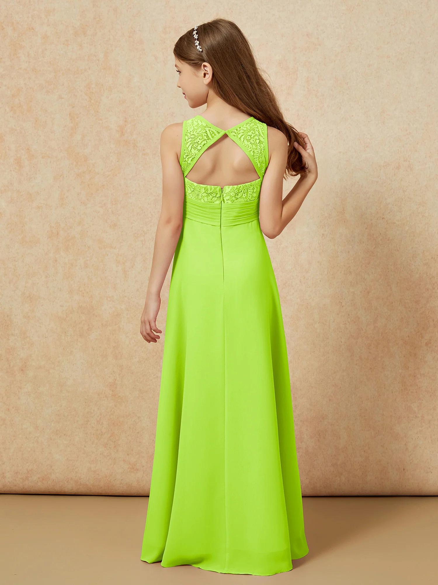 Lace Top A-line Long Junior Bridesmaid Dress Lime Green - Image 2