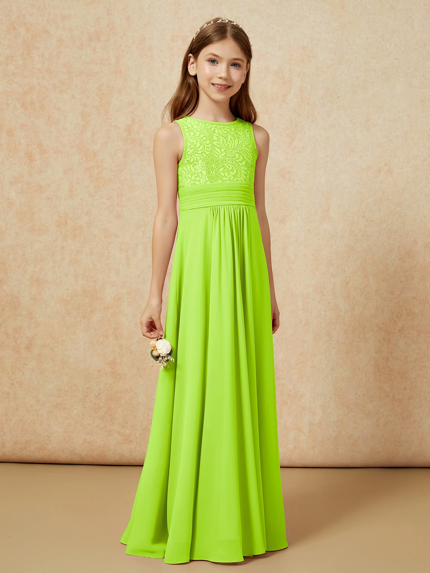 Lace Top A-line Long Junior Bridesmaid Dress Lime Green - Image 3