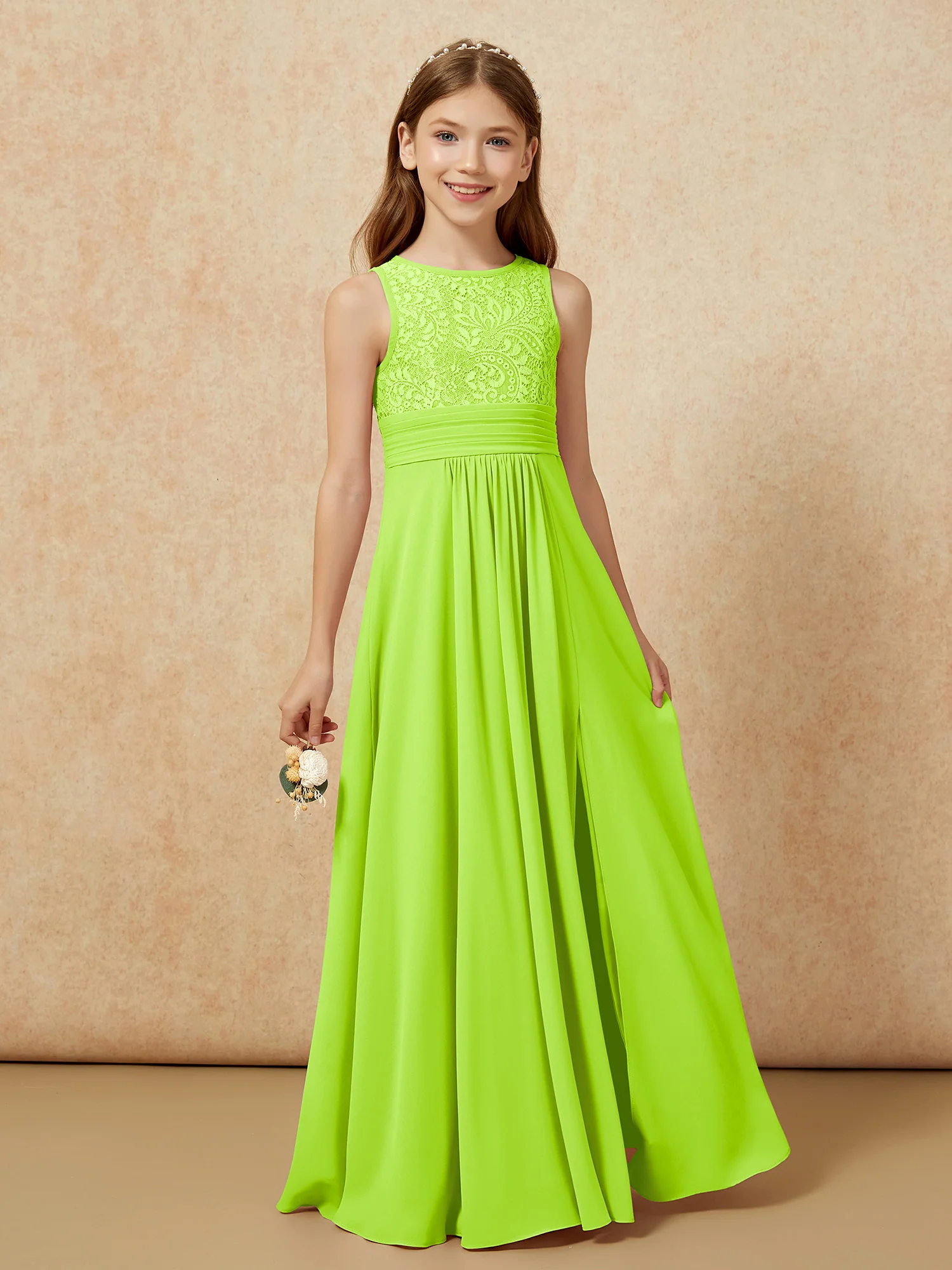 Lace Top A-line Long Junior Bridesmaid Dress Lime Green - Image 5