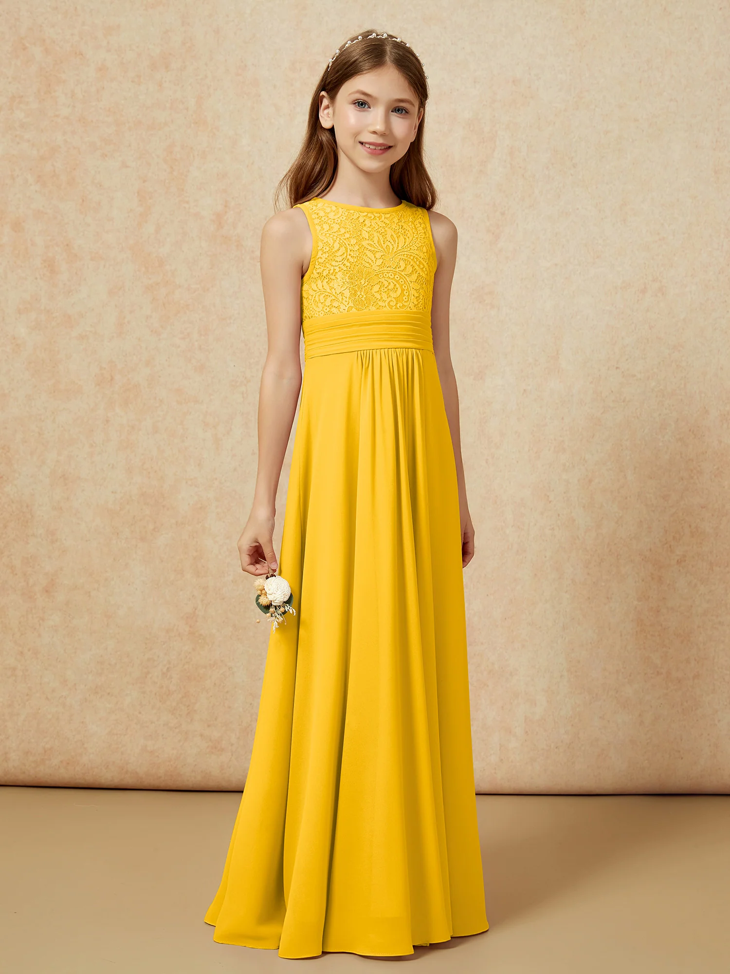 Lace Top A-line Long Junior Bridesmaid Dress Marigold - Image 3