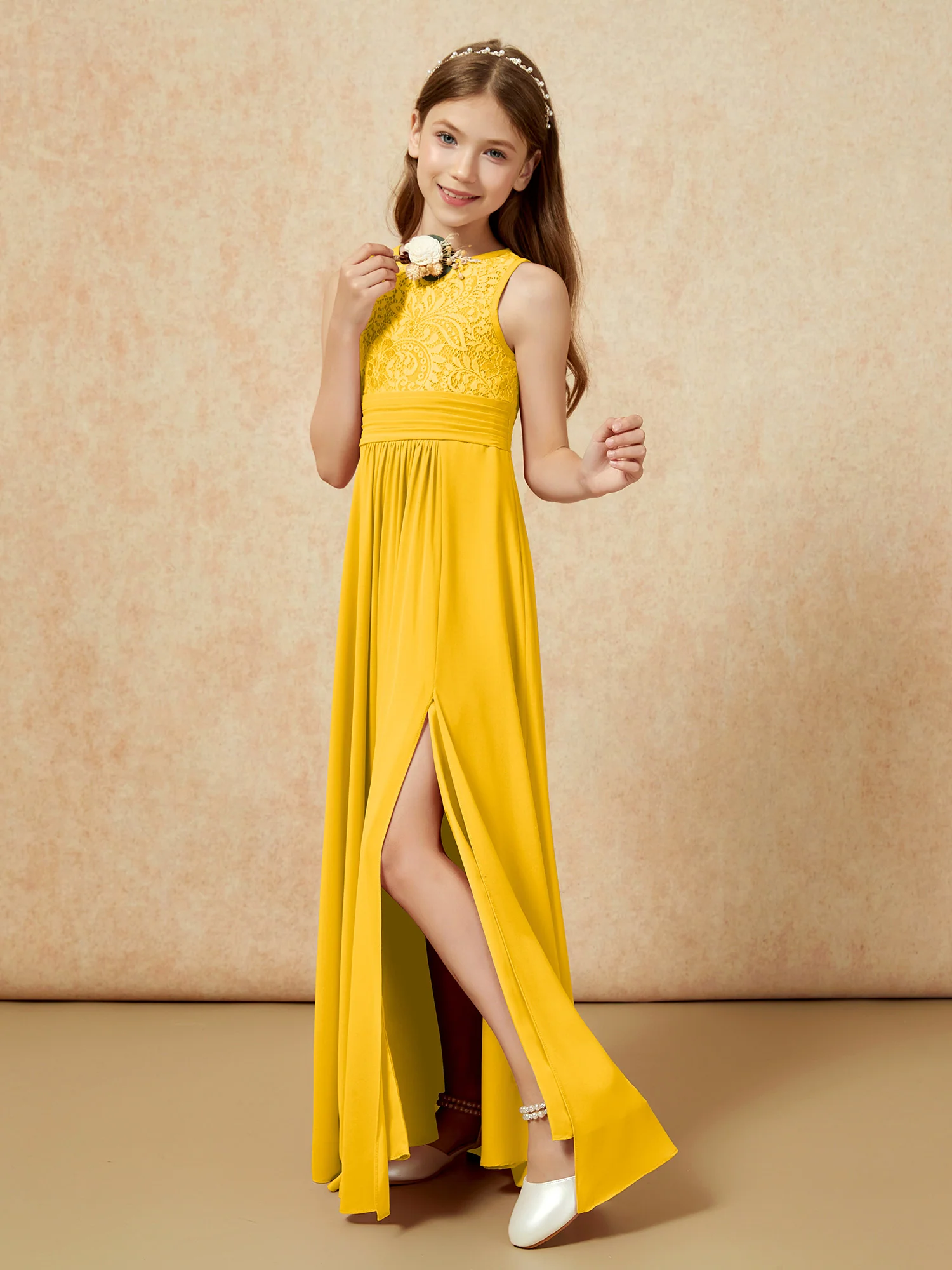Lace Top A-line Long Junior Bridesmaid Dress Marigold - Image 4