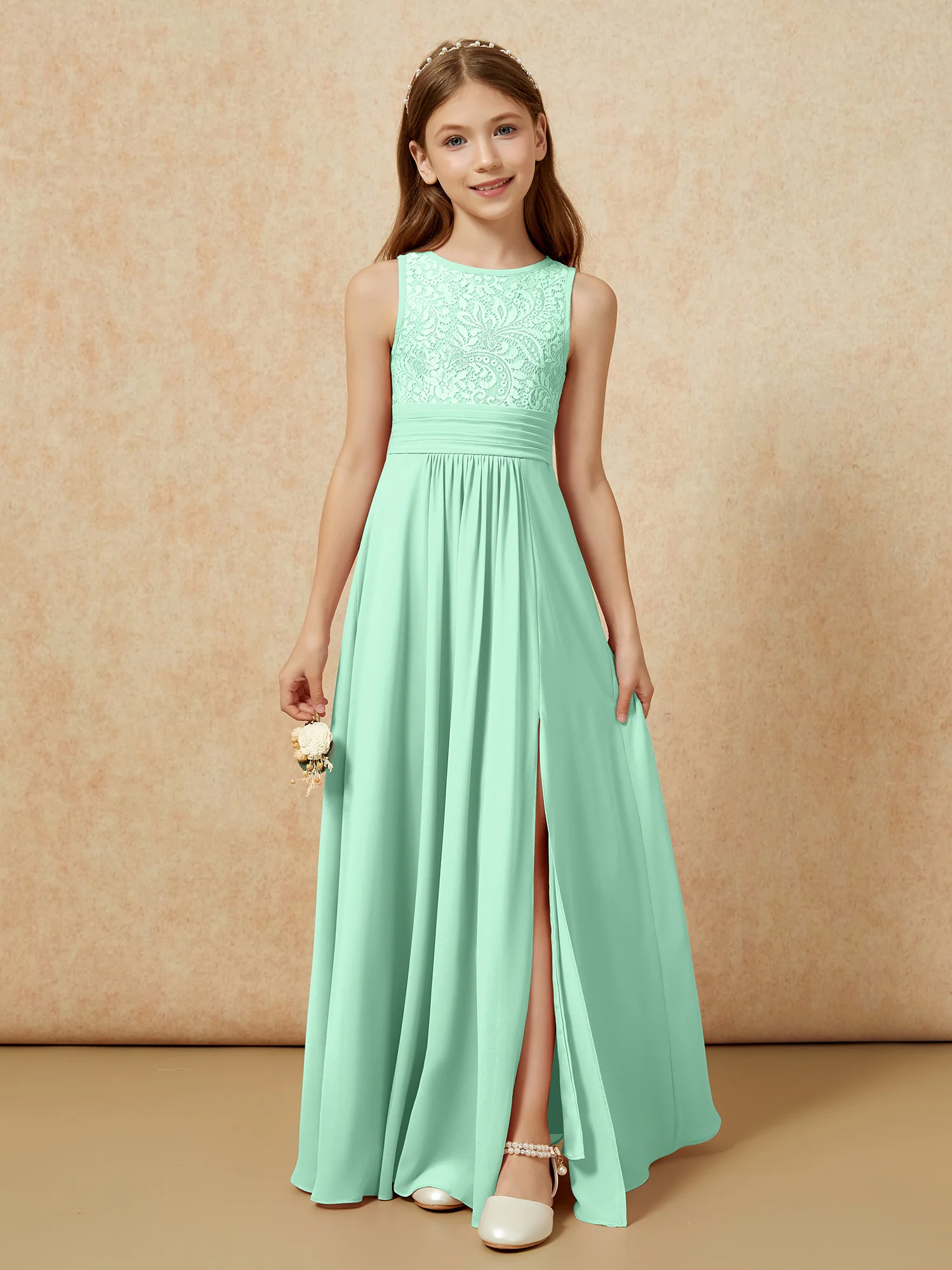 Lace Top A-line Long Junior Bridesmaid Dress Mint Green