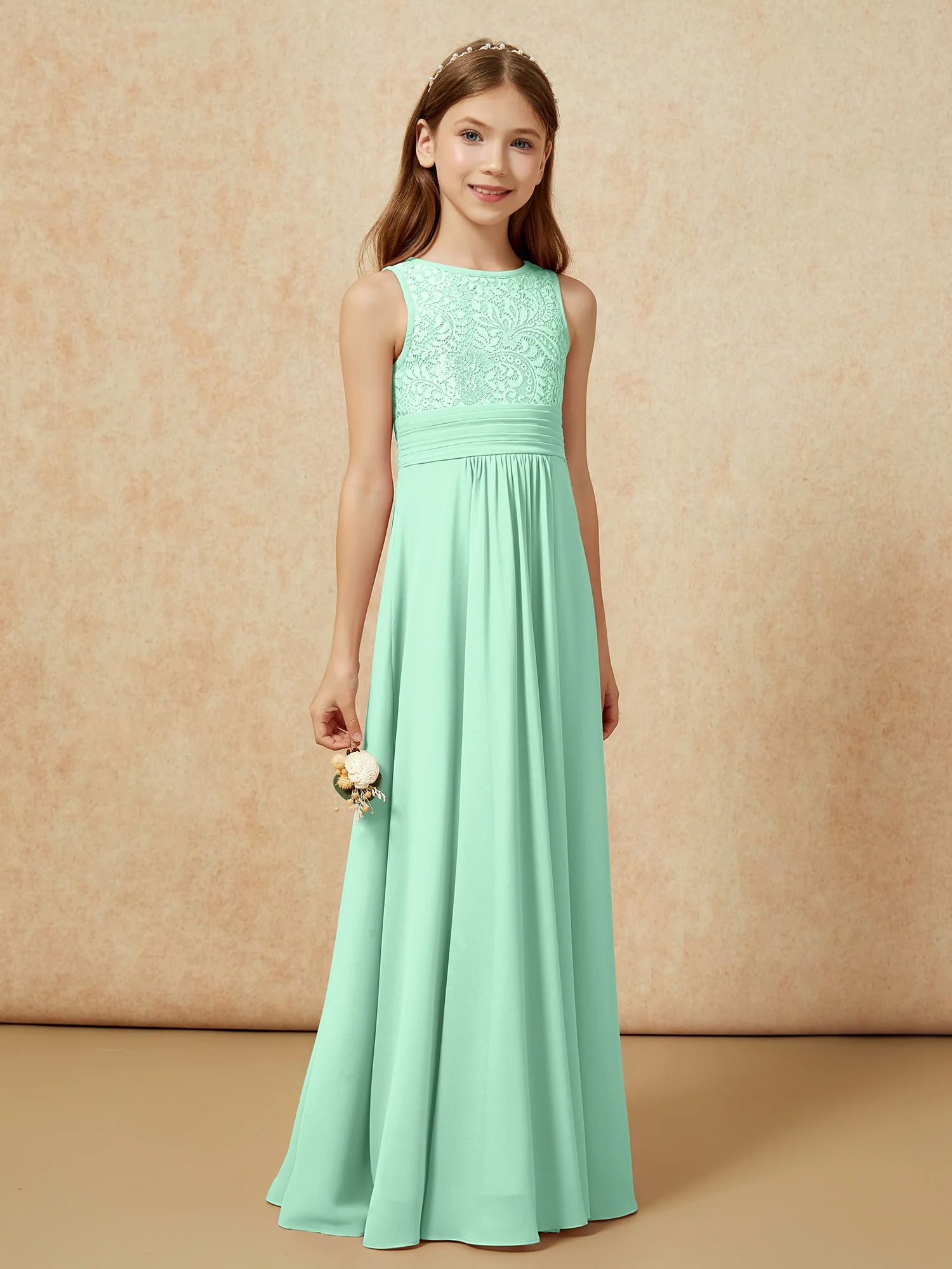 Lace Top A-line Long Junior Bridesmaid Dress Mint Green - Image 3