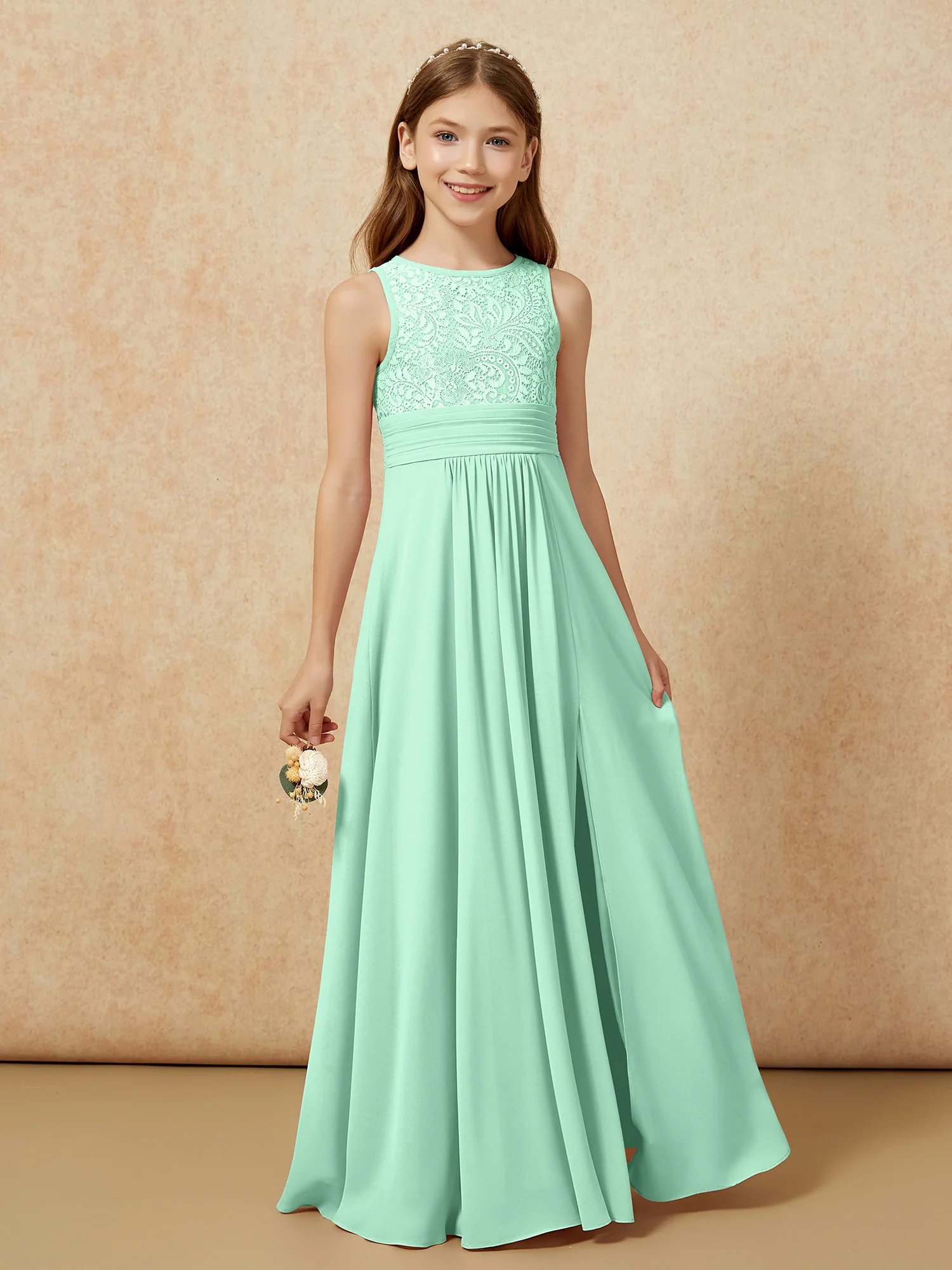 Lace Top A-line Long Junior Bridesmaid Dress Mint Green - Image 5