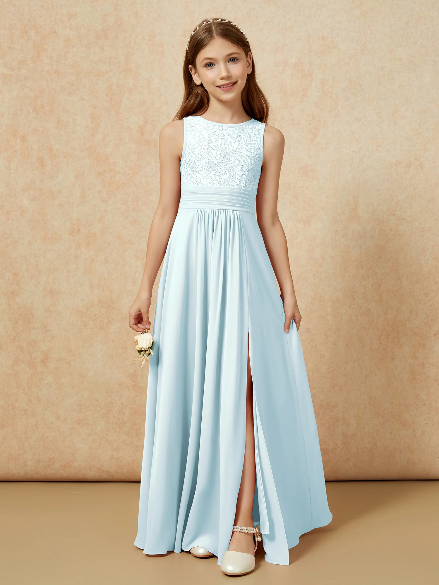 Lace Top A-line Long Junior Bridesmaid Dress Mist