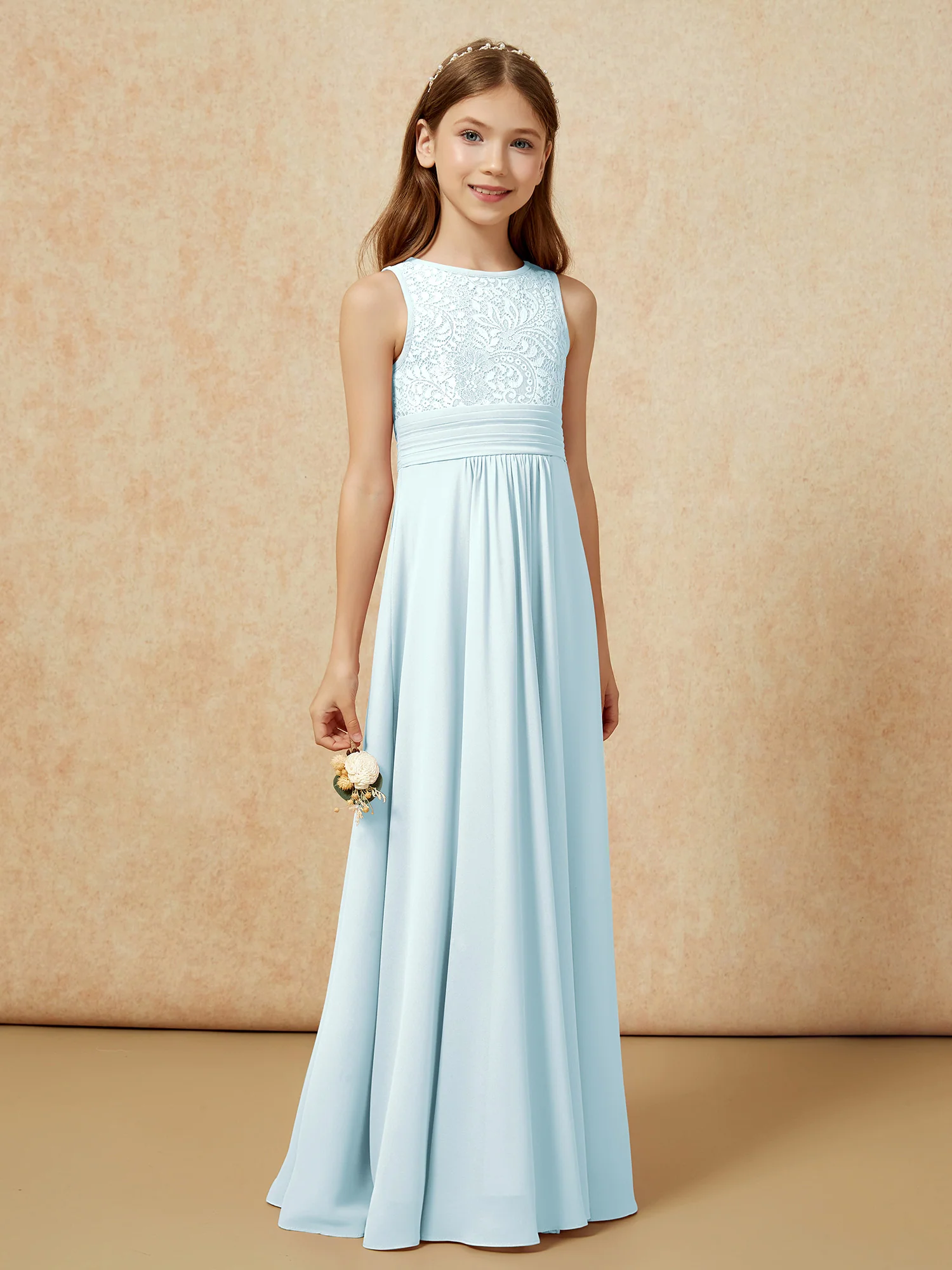 Lace Top A-line Long Junior Bridesmaid Dress Mist - Image 3