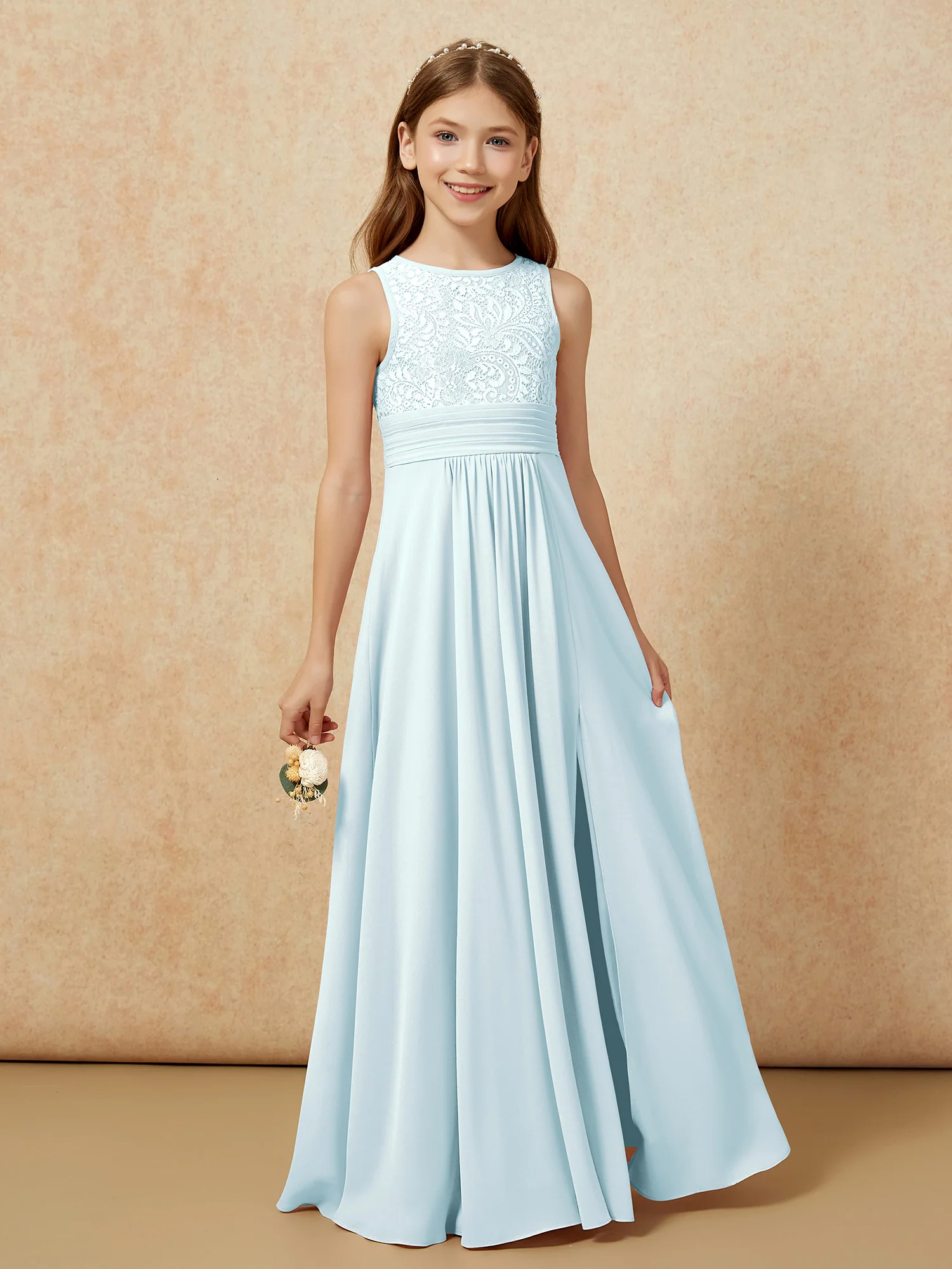 Lace Top A-line Long Junior Bridesmaid Dress Mist - Image 5