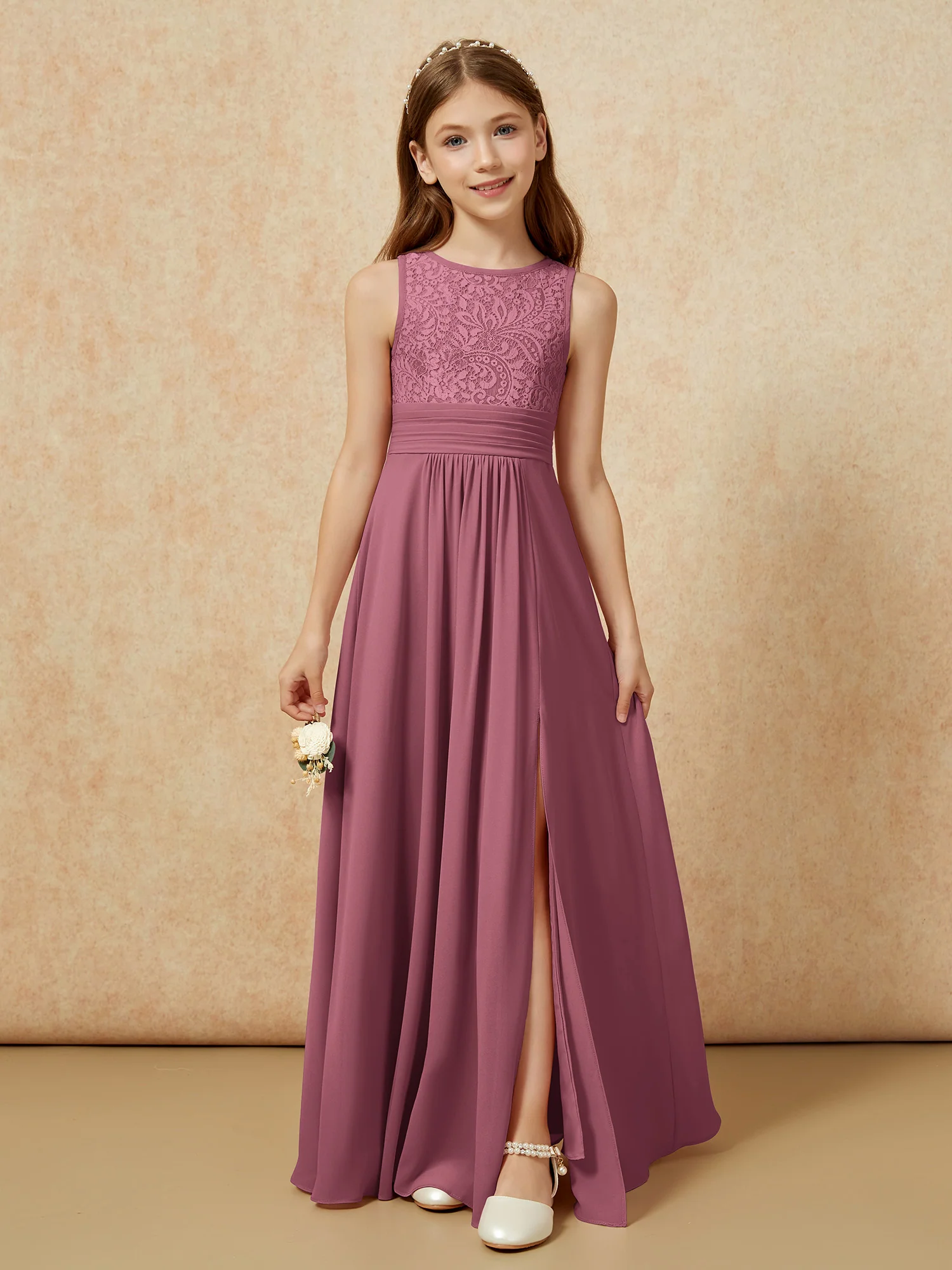 Lace Top A-line Long Junior Bridesmaid Dress Mulberry