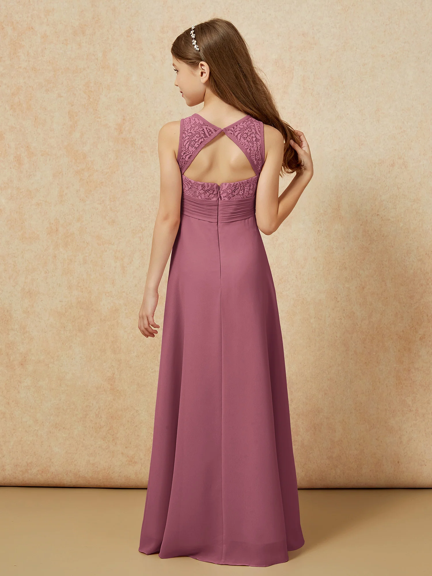 Lace Top A-line Long Junior Bridesmaid Dress Mulberry - Image 2