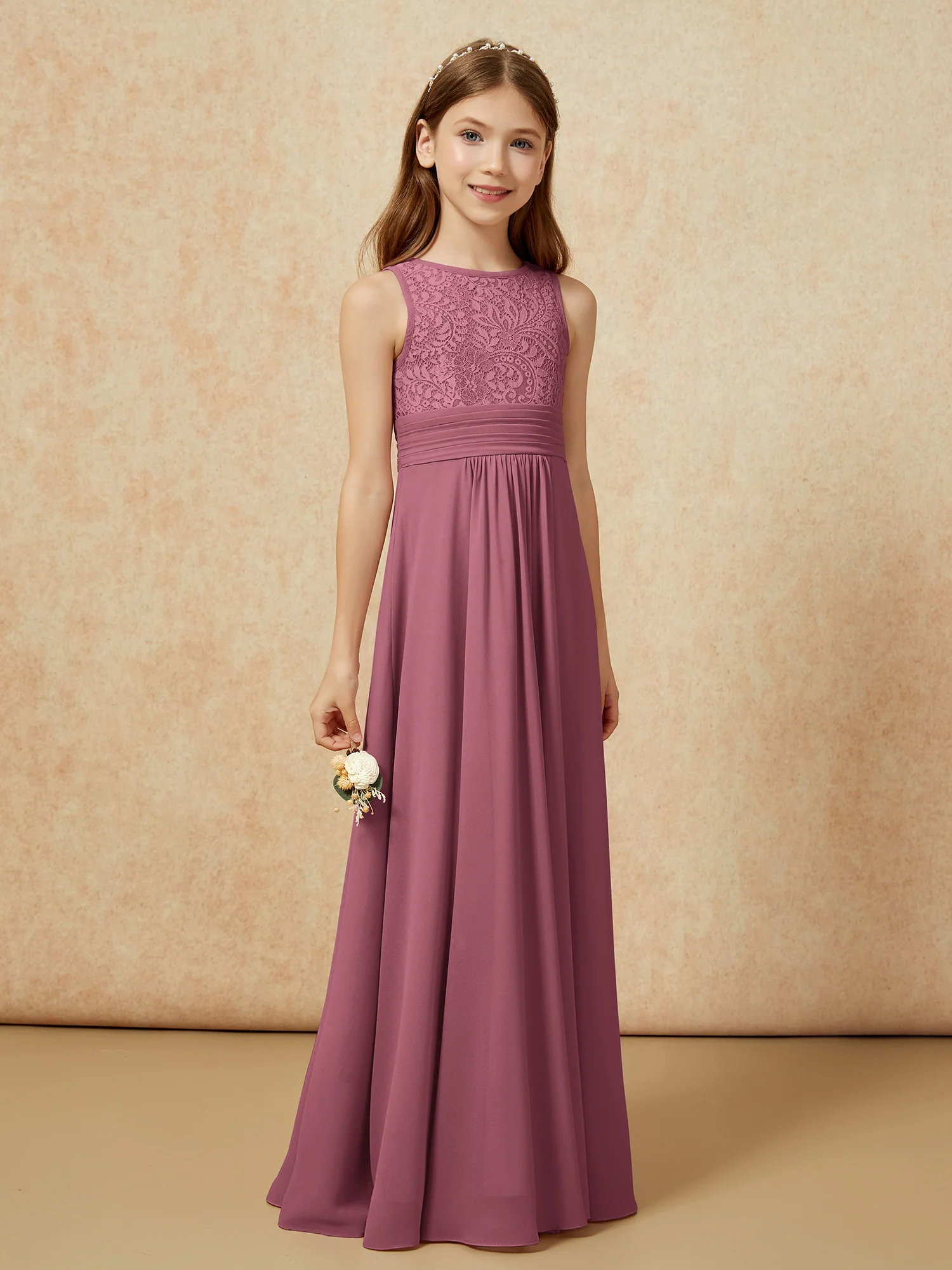 Lace Top A-line Long Junior Bridesmaid Dress Mulberry - Image 3