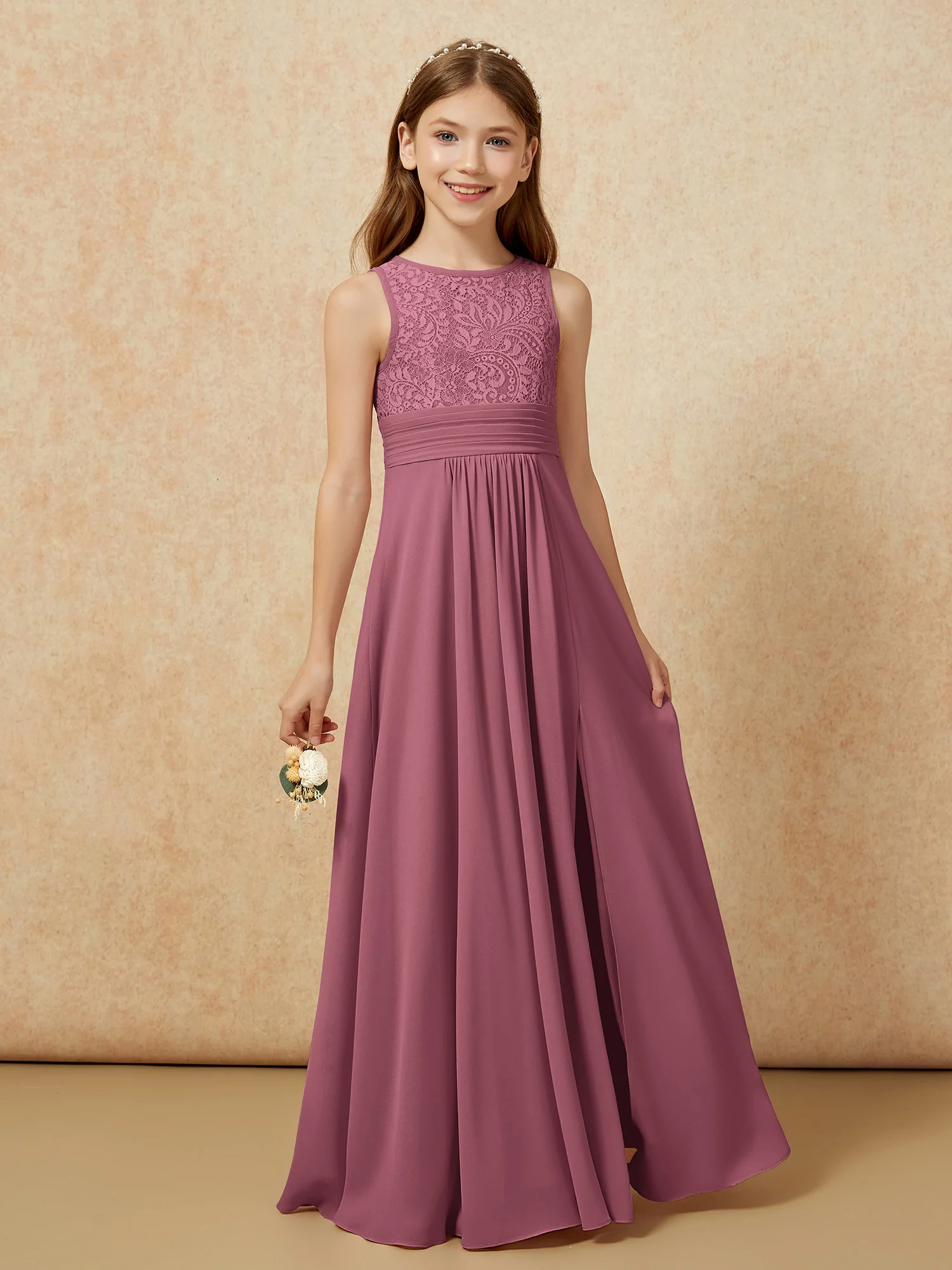 Lace Top A-line Long Junior Bridesmaid Dress Mulberry - Image 5