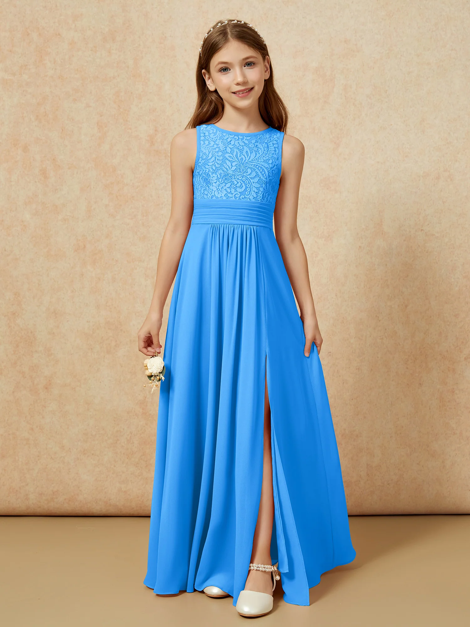 Lace Top A-line Long Junior Bridesmaid Dress Ocean Blue