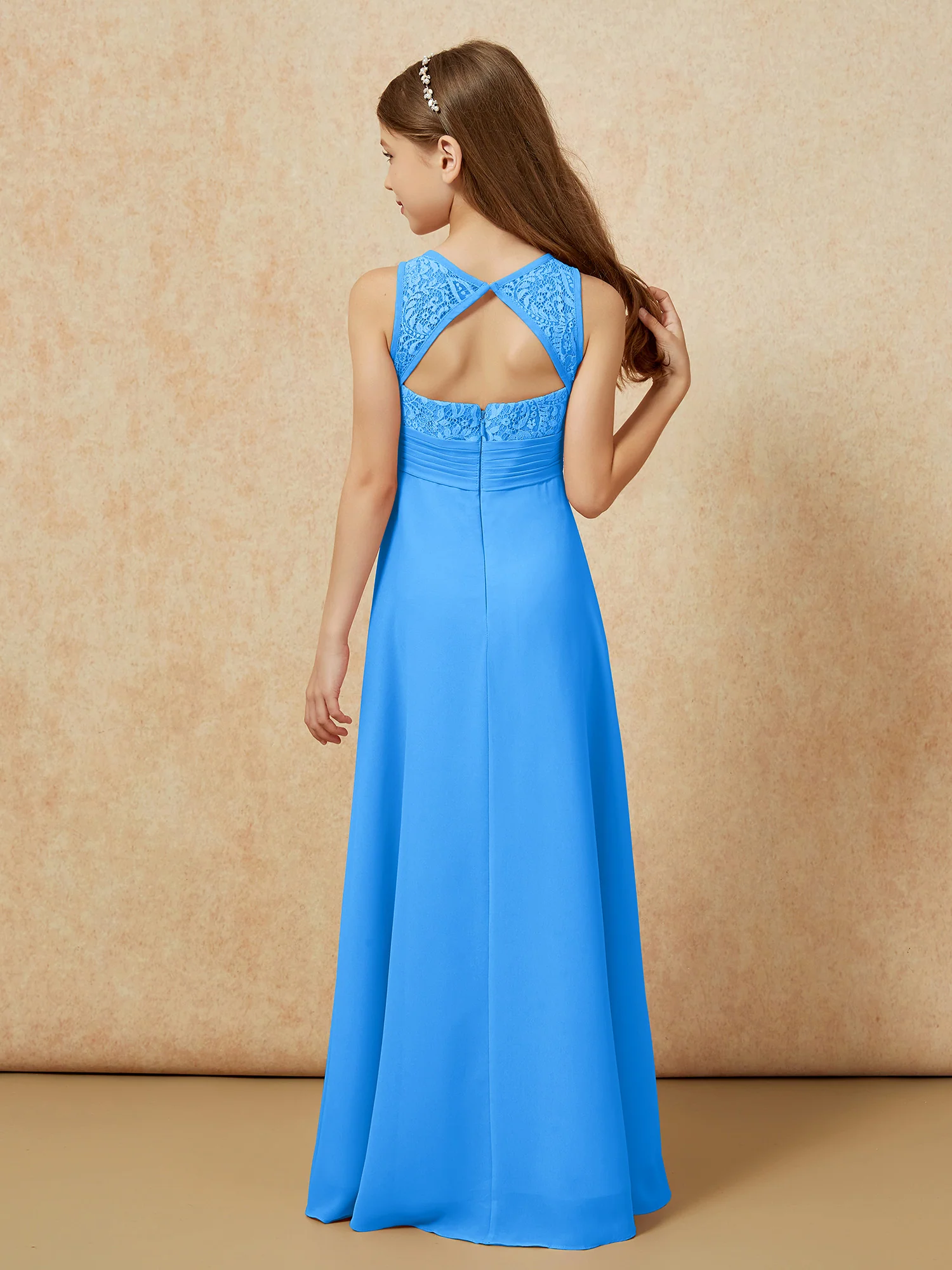 Lace Top A-line Long Junior Bridesmaid Dress Ocean Blue - Image 2