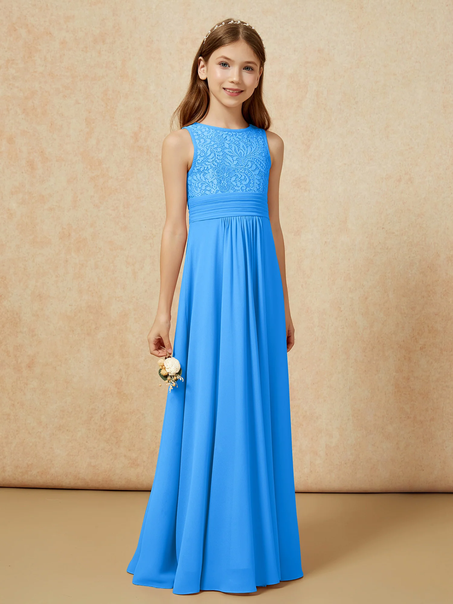Lace Top A-line Long Junior Bridesmaid Dress Ocean Blue - Image 3