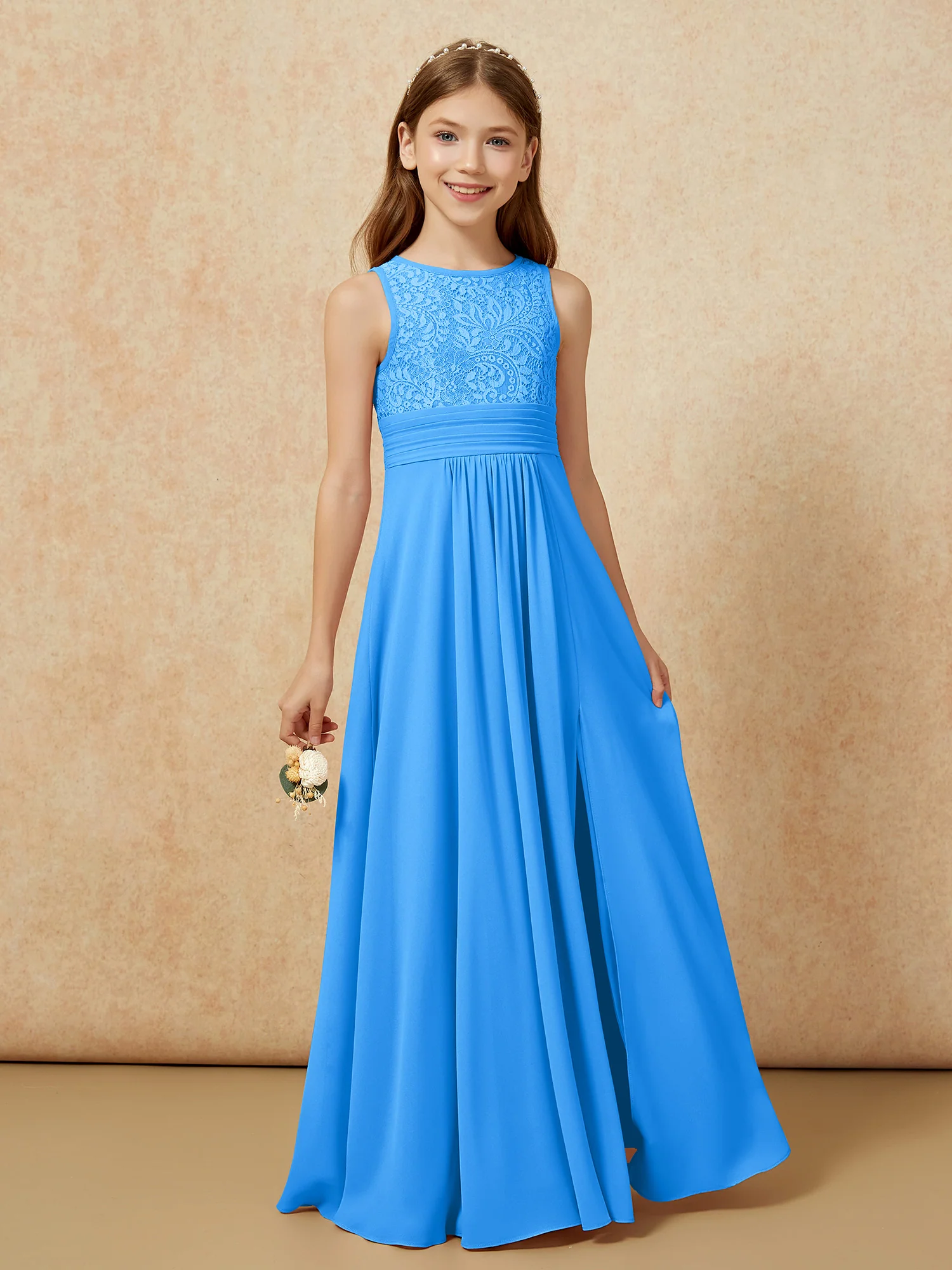 Lace Top A-line Long Junior Bridesmaid Dress Ocean Blue - Image 5