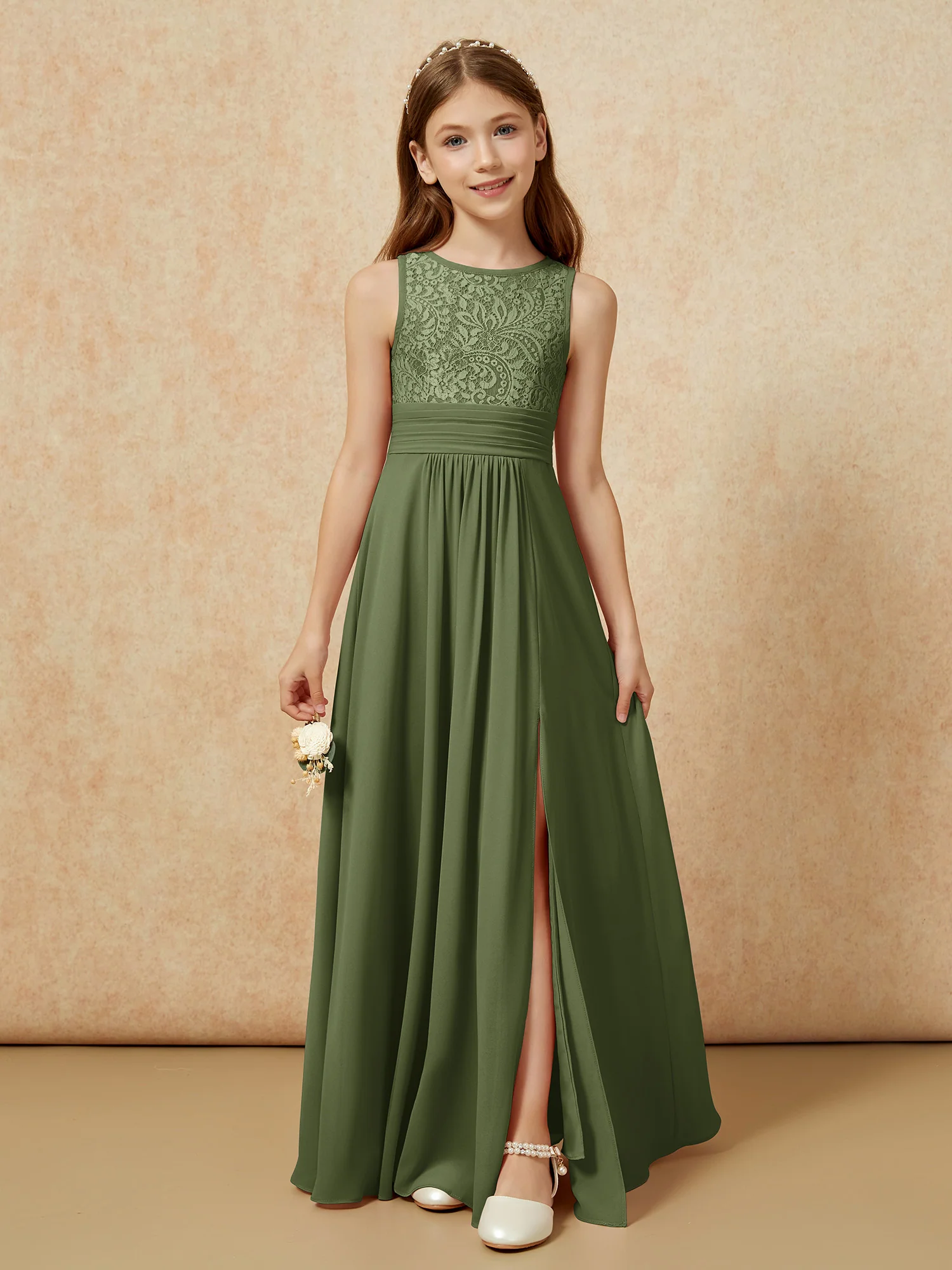 Lace Top A-line Long Junior Bridesmaid Dress Olive Green