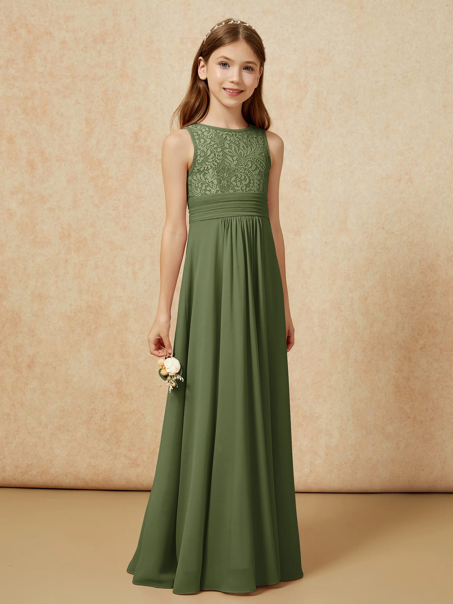 Lace Top A-line Long Junior Bridesmaid Dress Olive Green - Image 3