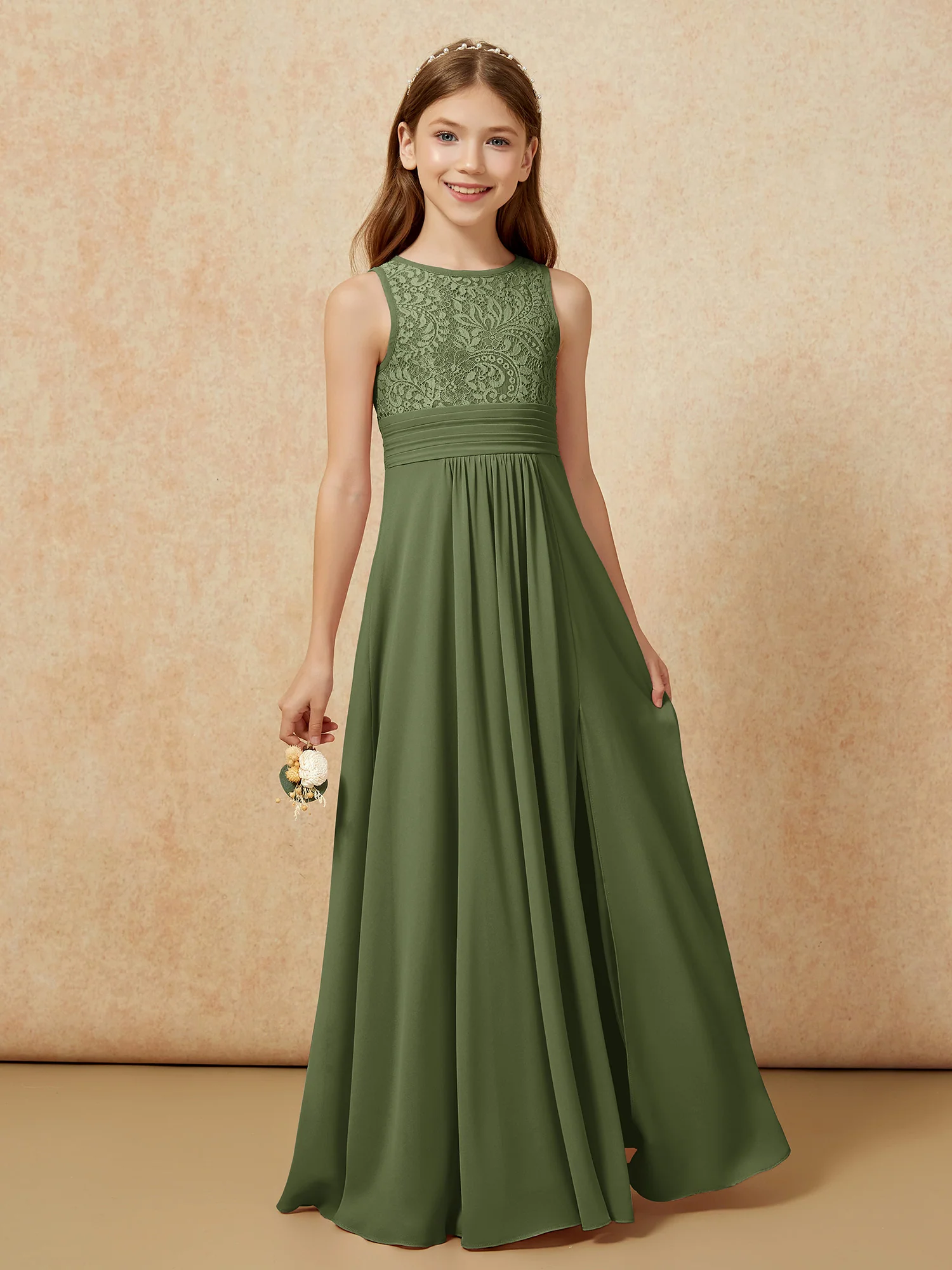 Lace Top A-line Long Junior Bridesmaid Dress Olive Green - Image 5