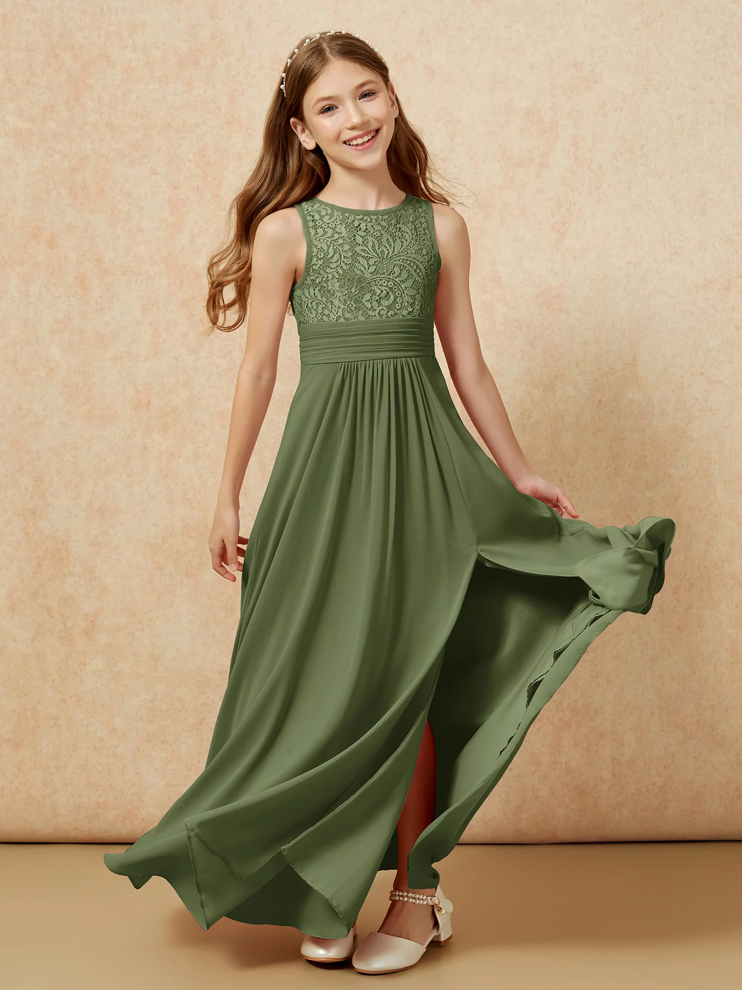 Lace Top A-line Long Junior Bridesmaid Dress Olive Green - Image 6