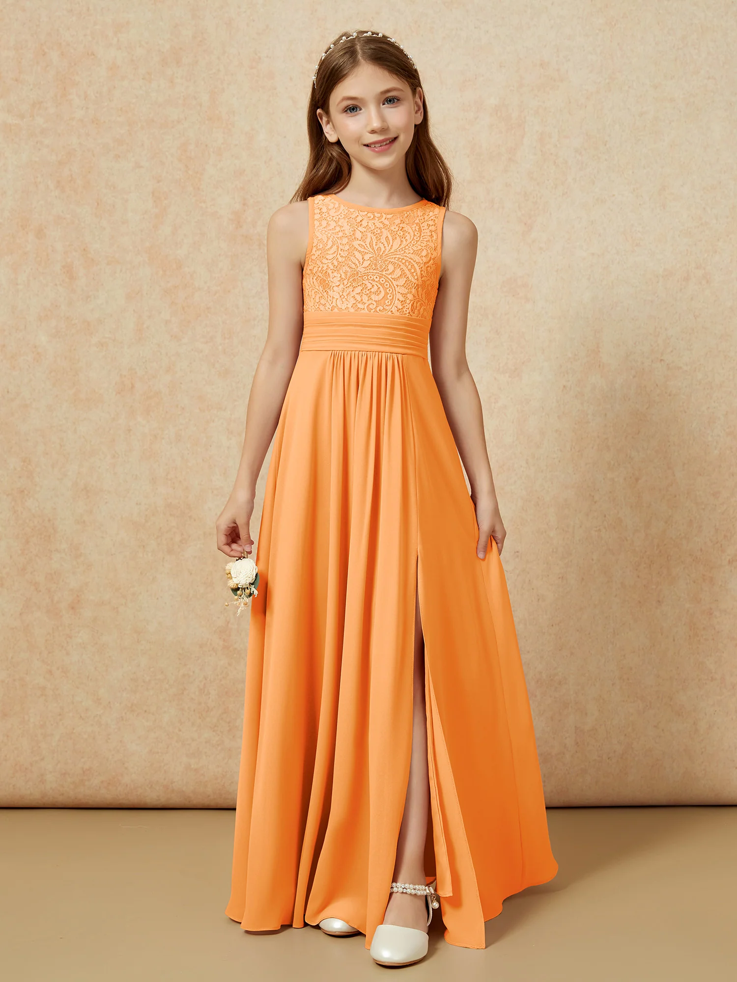 Lace Top A-line Long Junior Bridesmaid Dress Orange