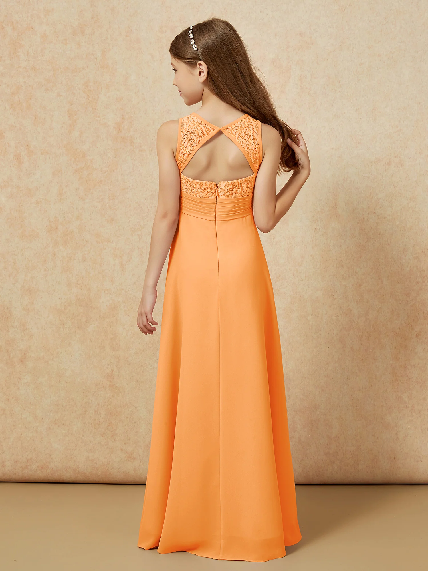 Lace Top A-line Long Junior Bridesmaid Dress Orange - Image 2