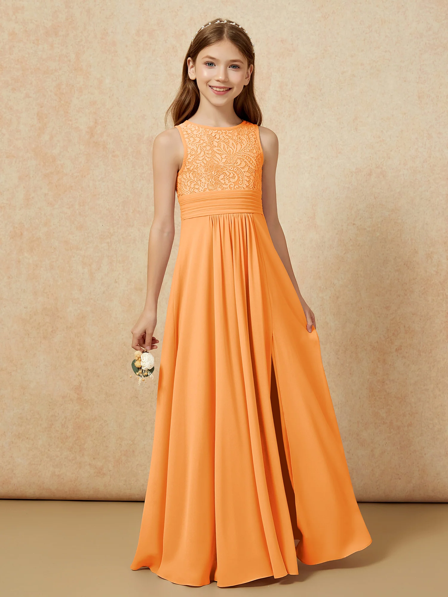 Lace Top A-line Long Junior Bridesmaid Dress Orange - Image 5