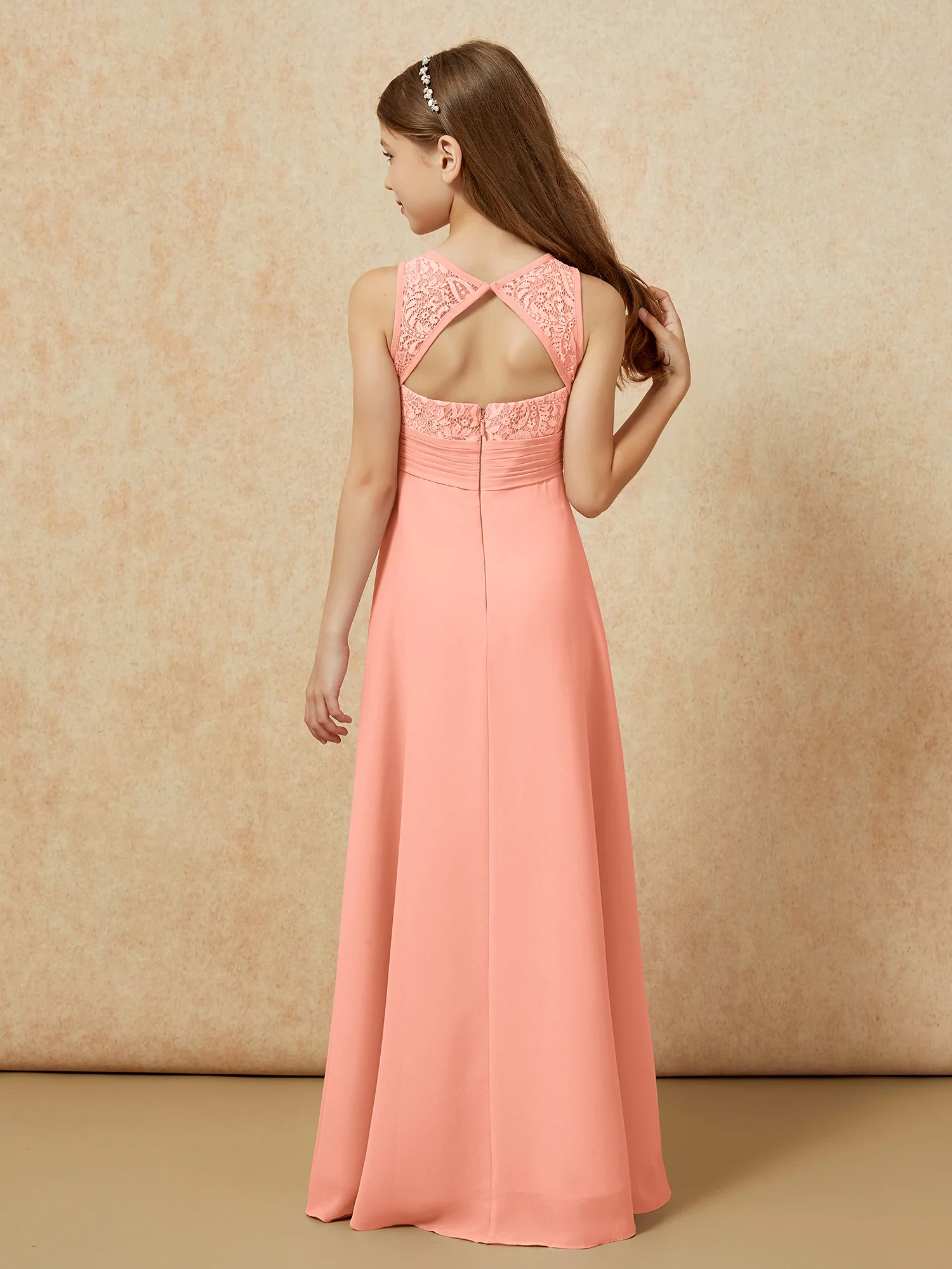 Lace Top A-line Long Junior Bridesmaid Dress Papaya - Image 2