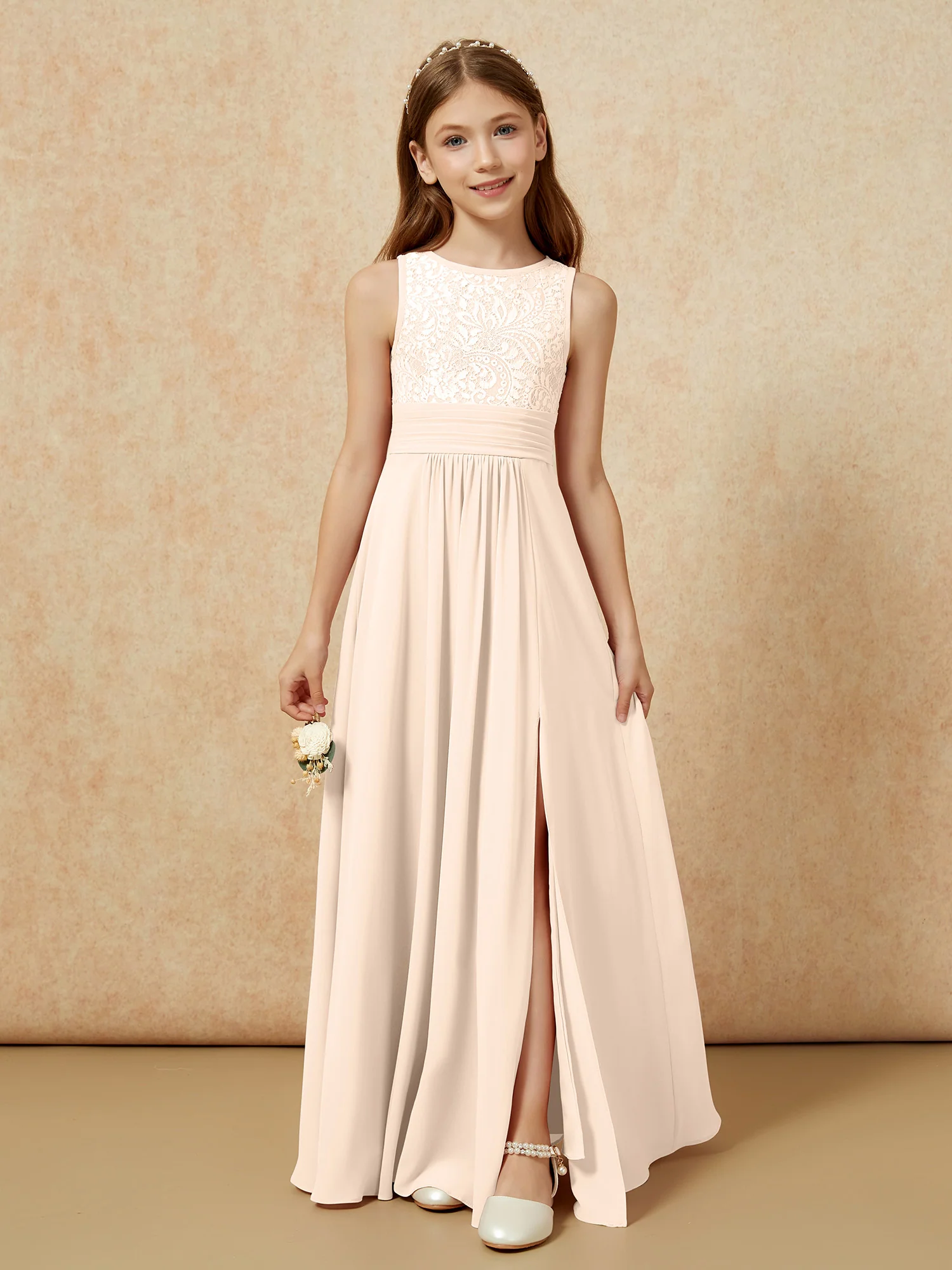 Lace Top A-line Long Junior Bridesmaid Dress Peach