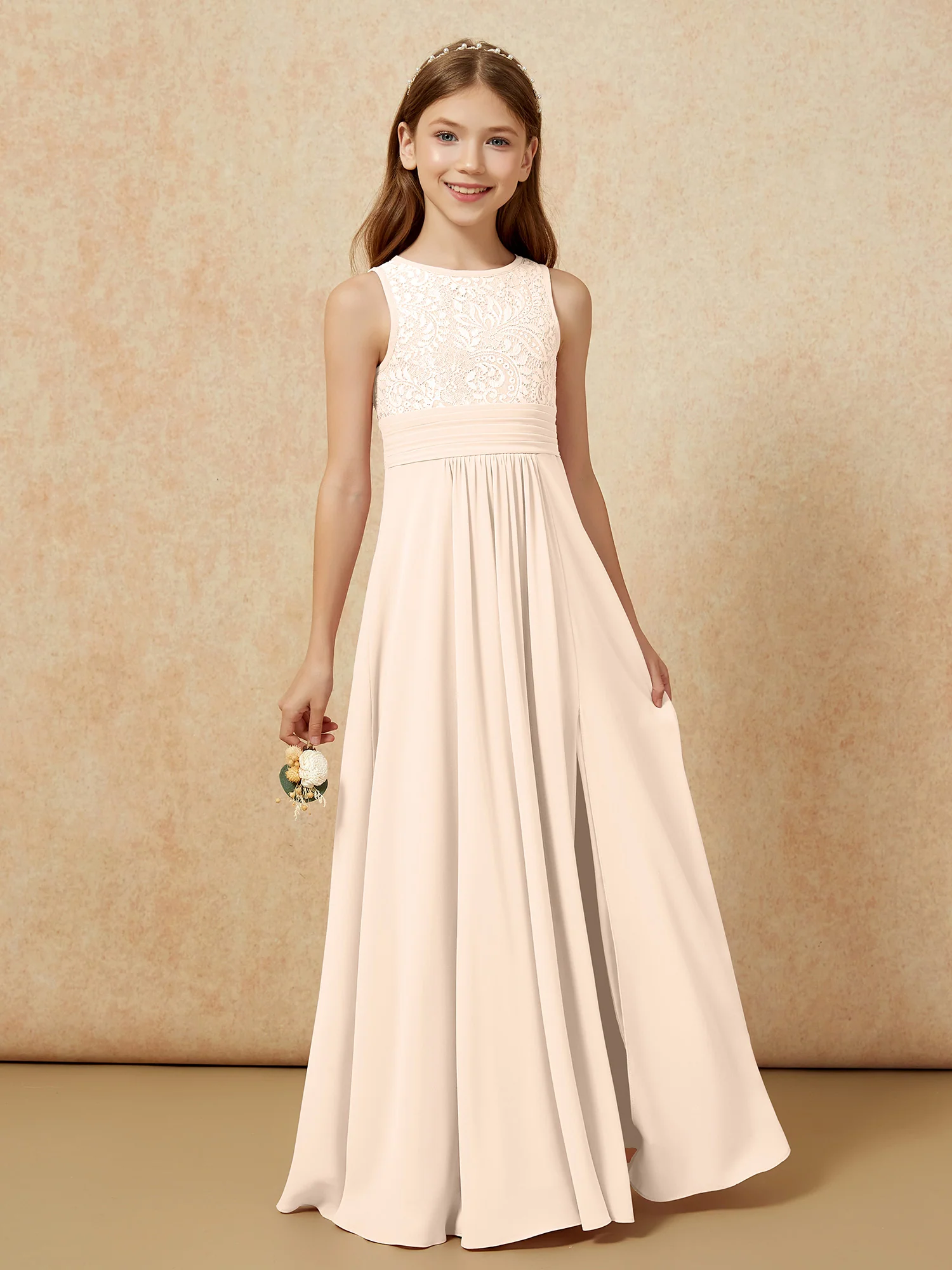 Lace Top A-line Long Junior Bridesmaid Dress Peach - Image 5