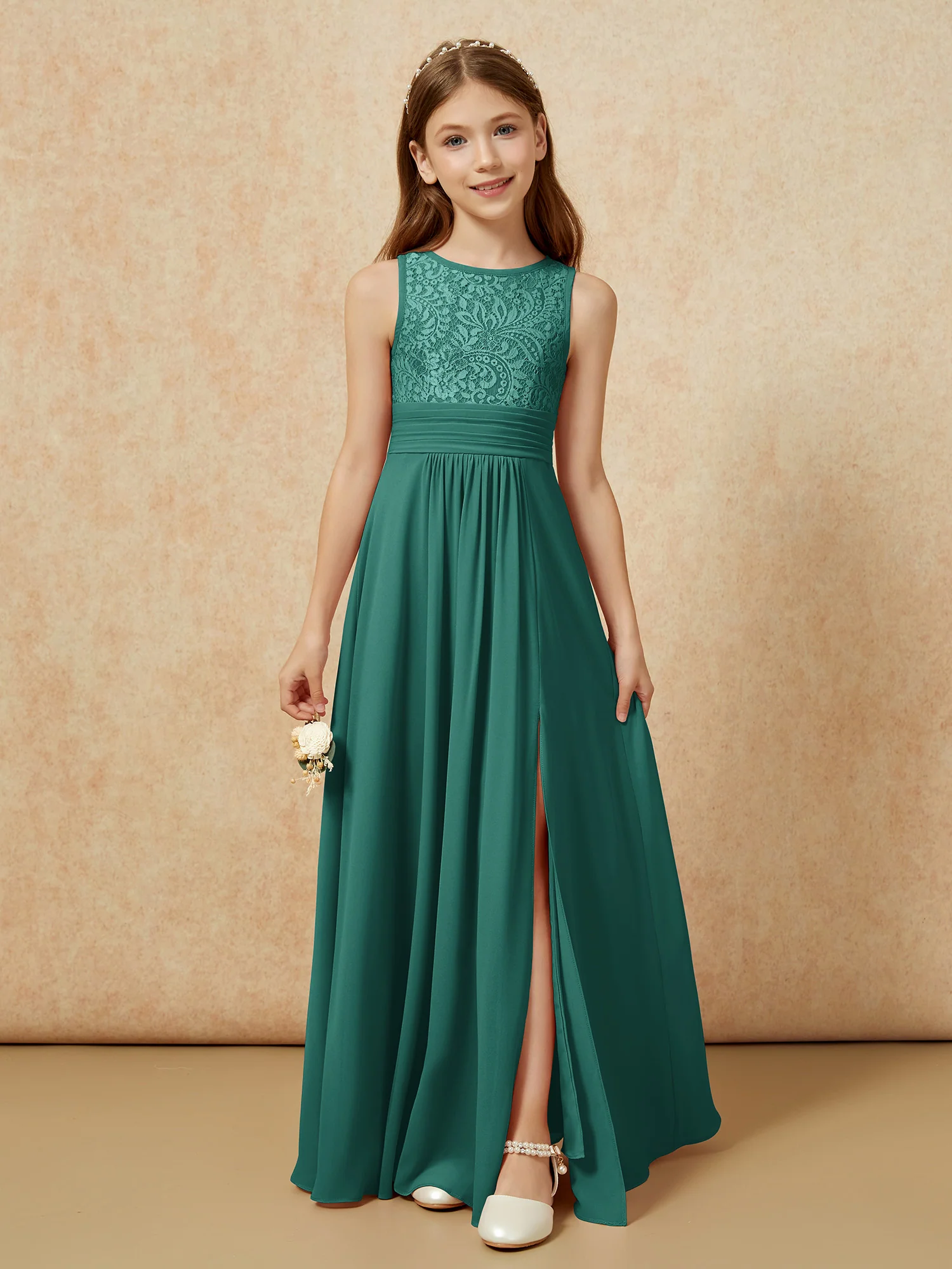 Lace Top A-line Long Junior Bridesmaid Dress Peacock