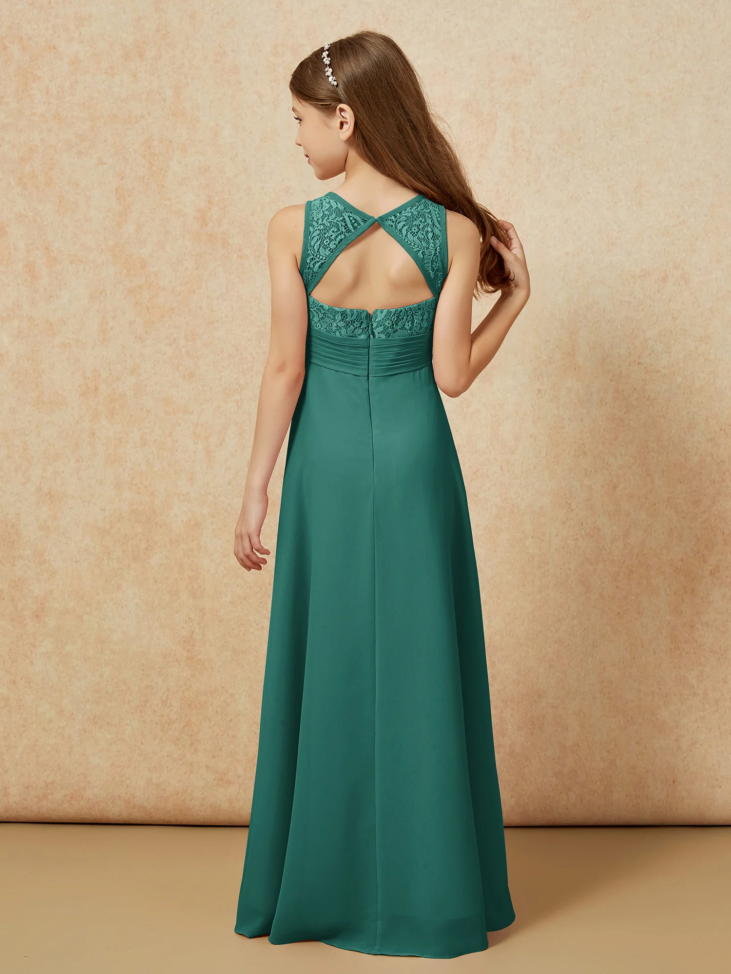 Lace Top A-line Long Junior Bridesmaid Dress Peacock - Image 2