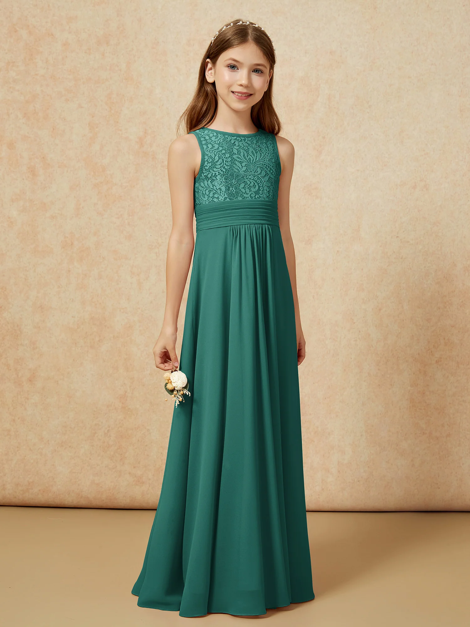 Lace Top A-line Long Junior Bridesmaid Dress Peacock - Image 3