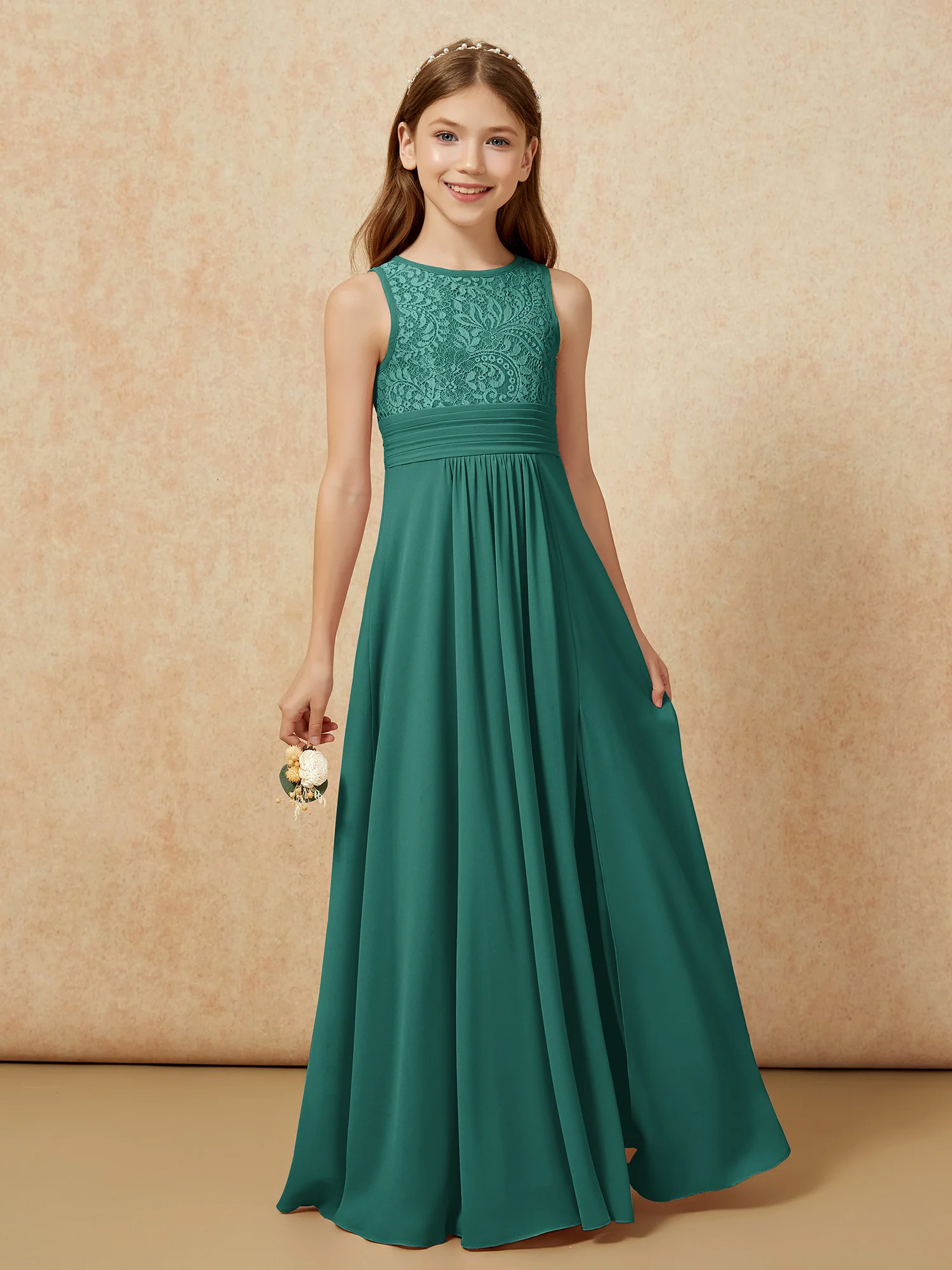 Lace Top A-line Long Junior Bridesmaid Dress Peacock - Image 5