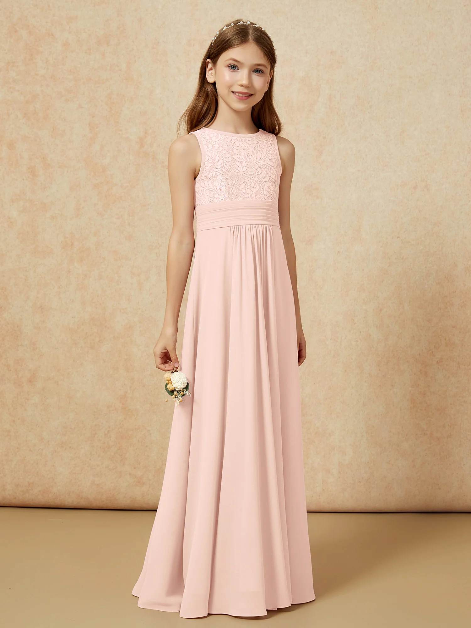 Lace Top A-line Long Junior Bridesmaid Dress Pearl Pink - Image 3
