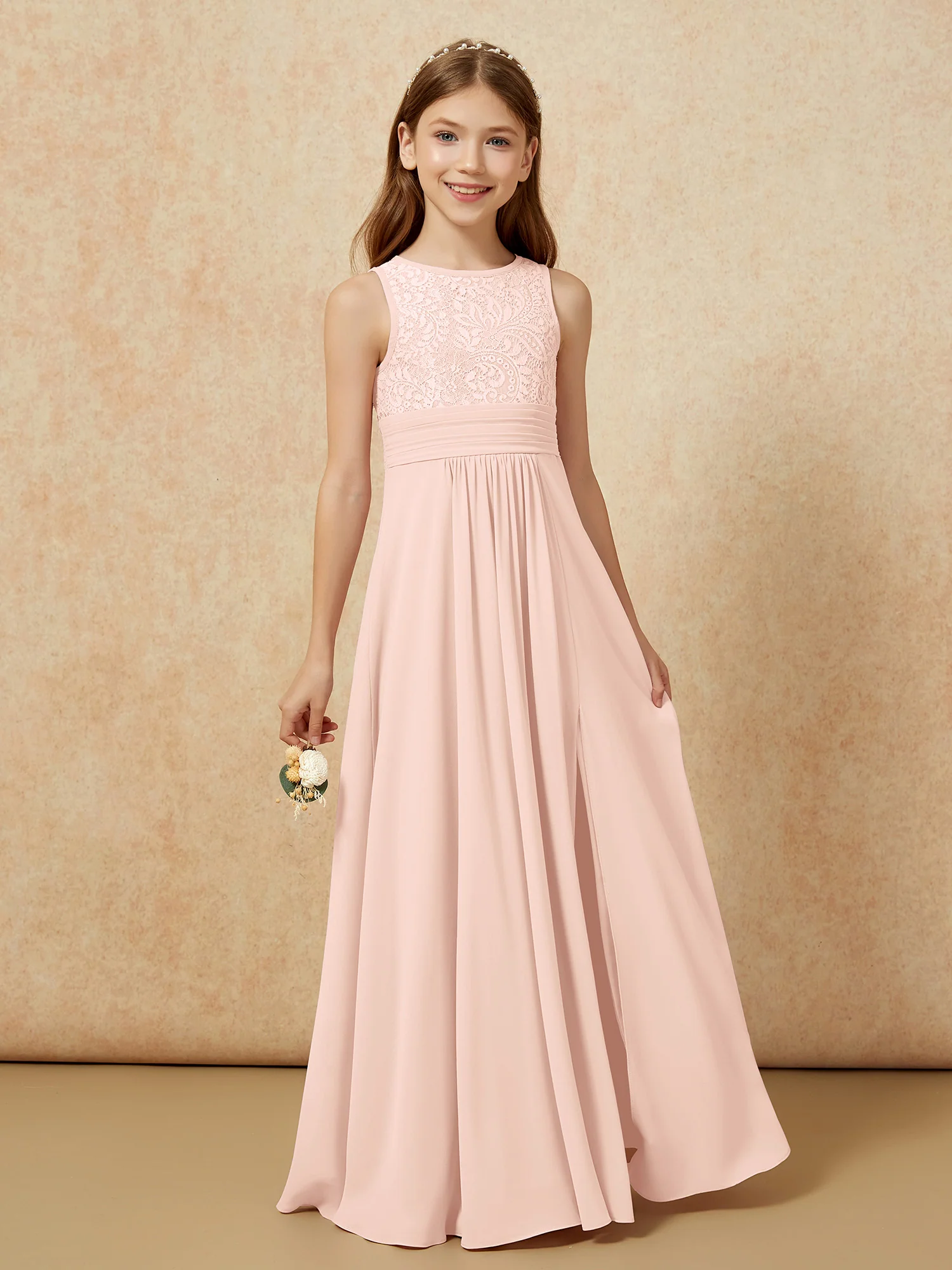 Lace Top A-line Long Junior Bridesmaid Dress Pearl Pink - Image 5