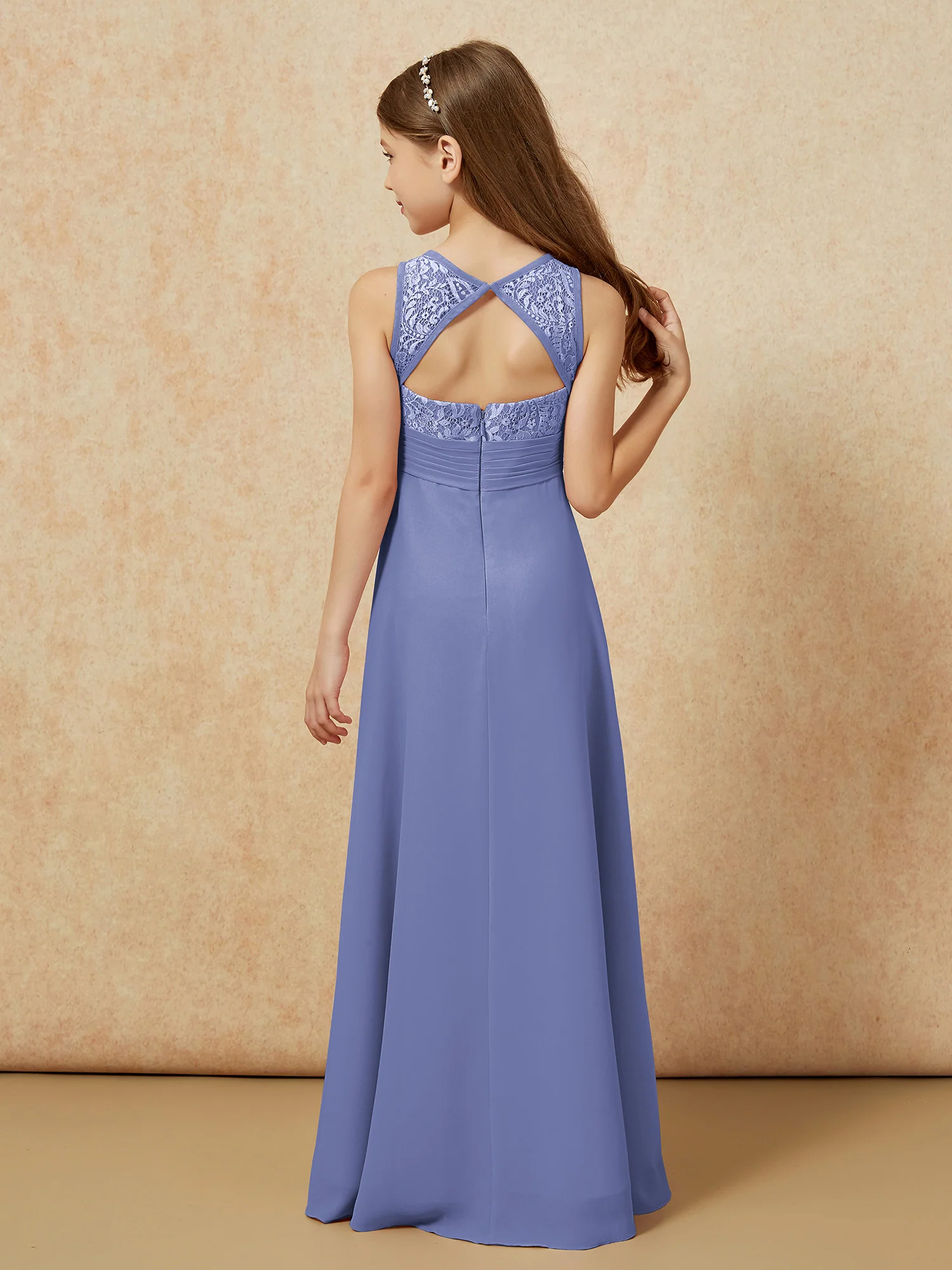 Lace Top A-line Long Junior Bridesmaid Dress Periwinkle - Image 2