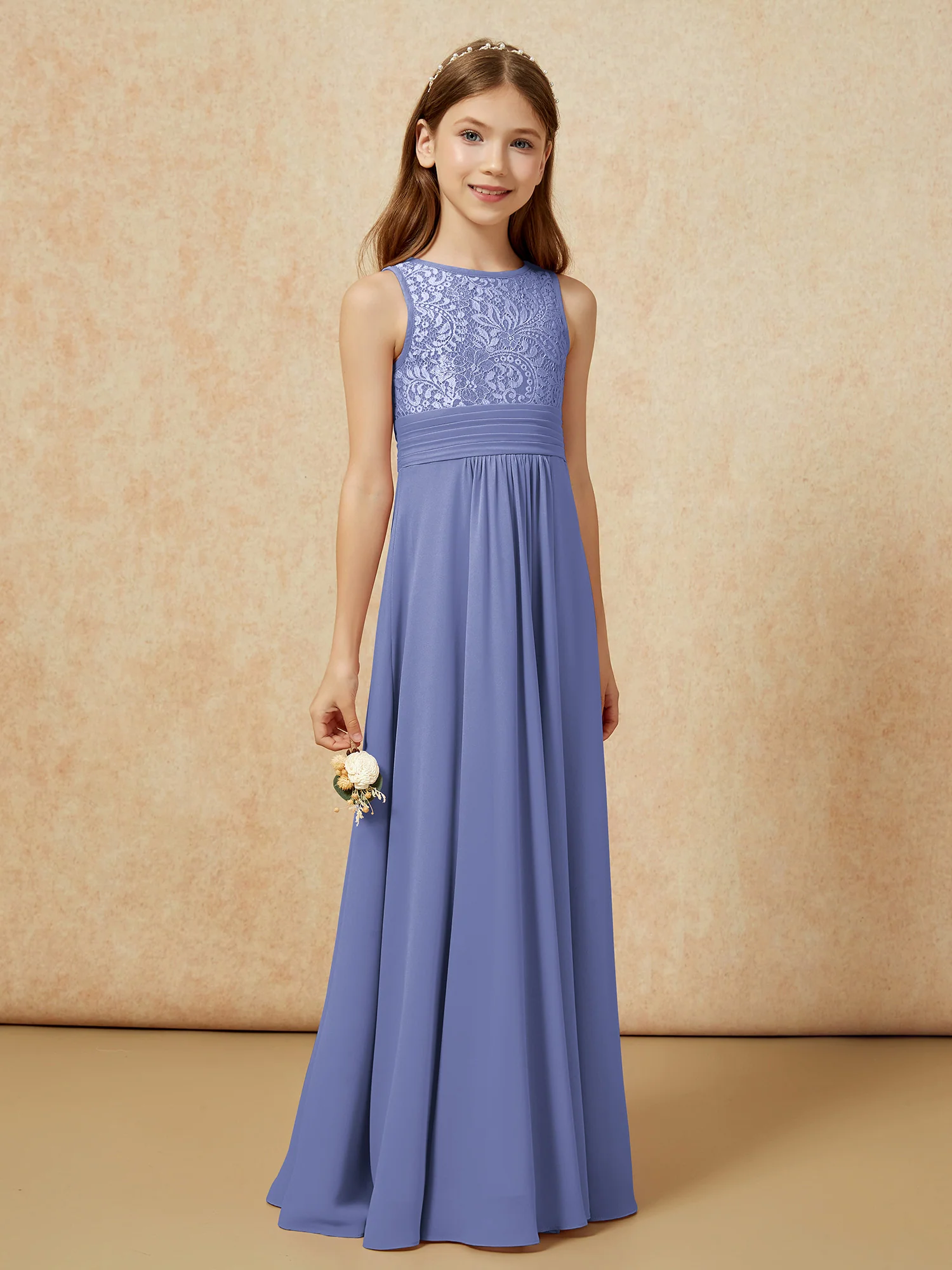 Lace Top A-line Long Junior Bridesmaid Dress Periwinkle - Image 3