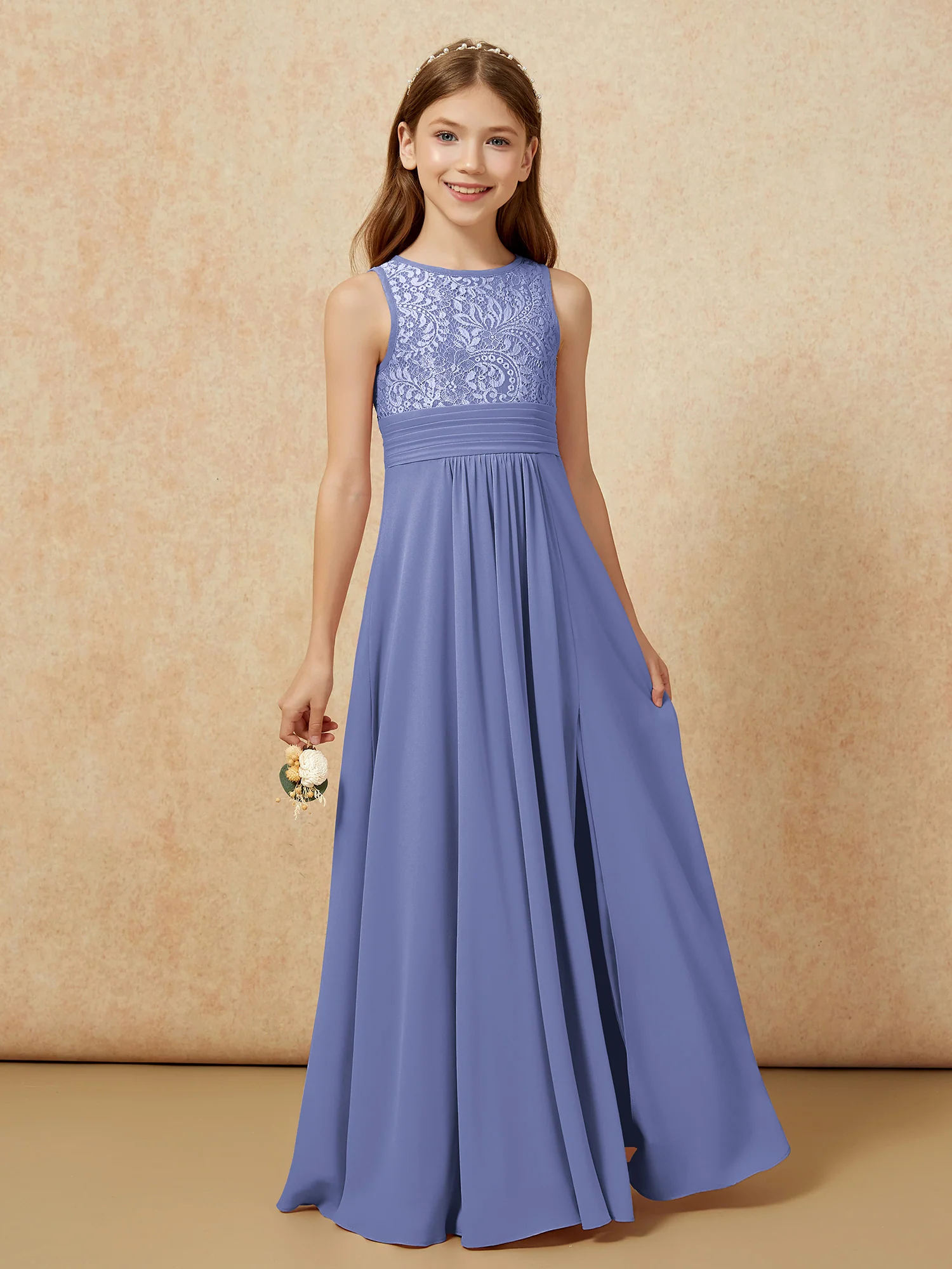 Lace Top A-line Long Junior Bridesmaid Dress Periwinkle - Image 5